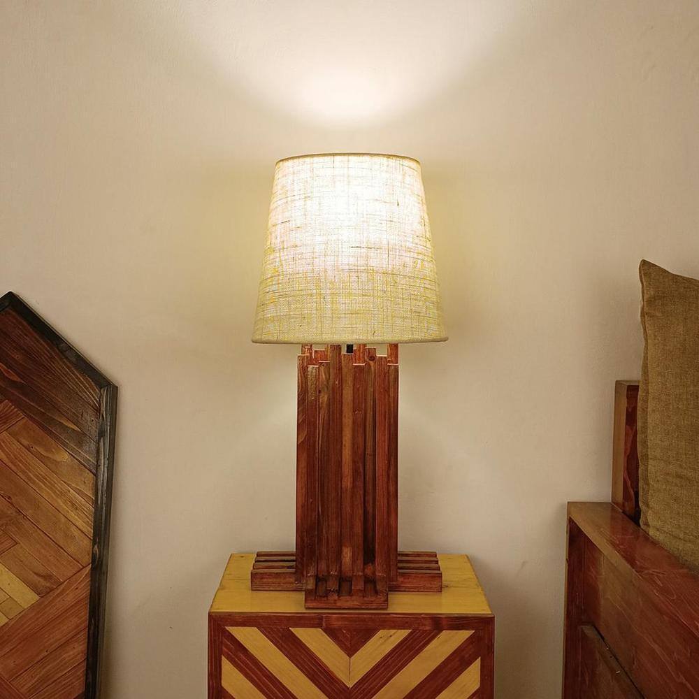 Palisade Brown Wooden Table Lamp with White Fabric Lampshade