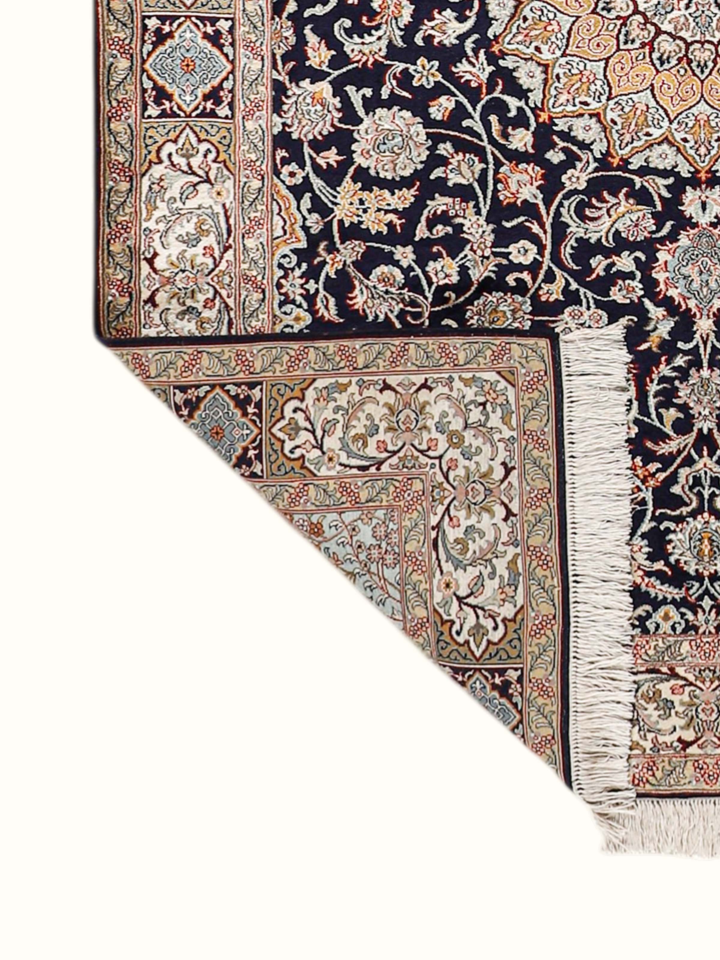 Traditional Persian Navy Ivory Nain Kashmir Silk Hand-Knotted Carpet