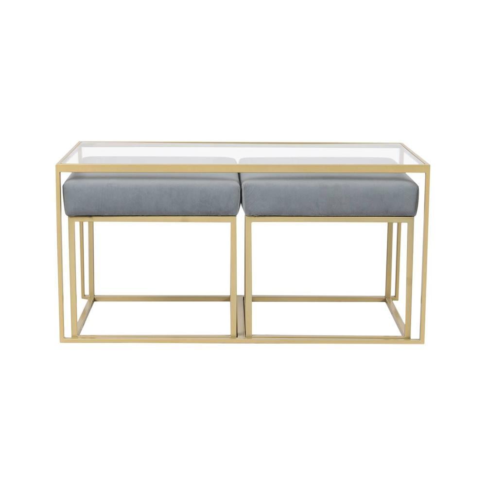 Benton Nesting Clear Glass Coffee Table Set With 2 Stools In Gold Finish