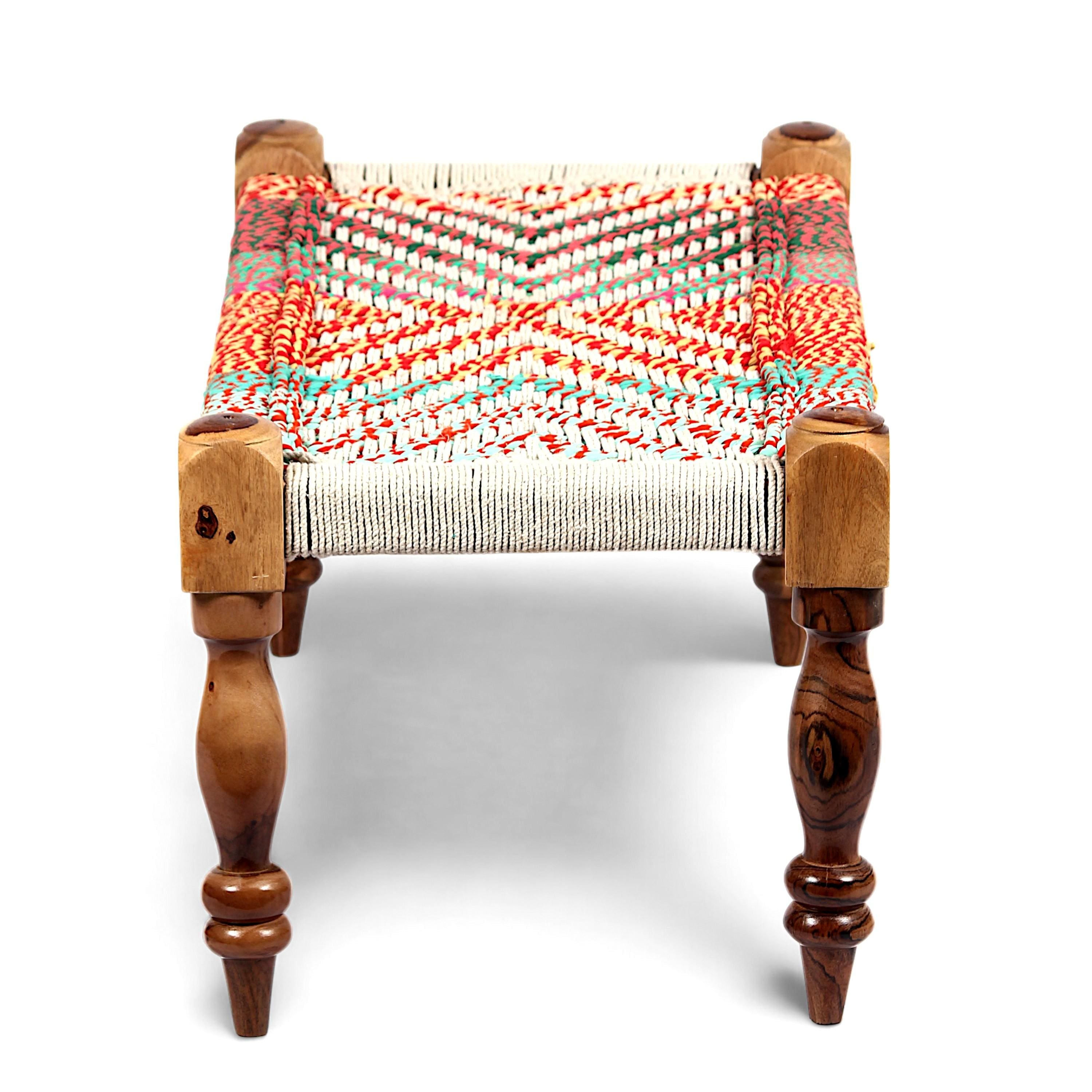 Oakville Sheesham Wood 2 Seater Maachi Bench In Assorted Multi-Colour Chindi & White Rope Canning