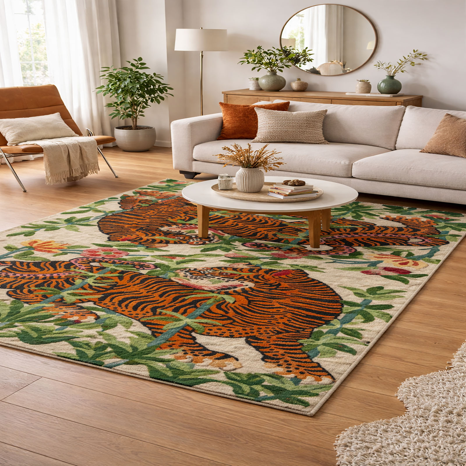 Royal Jungle Tiger Wool Rectangle Carpets Hand Tufted in Multicolour Colour