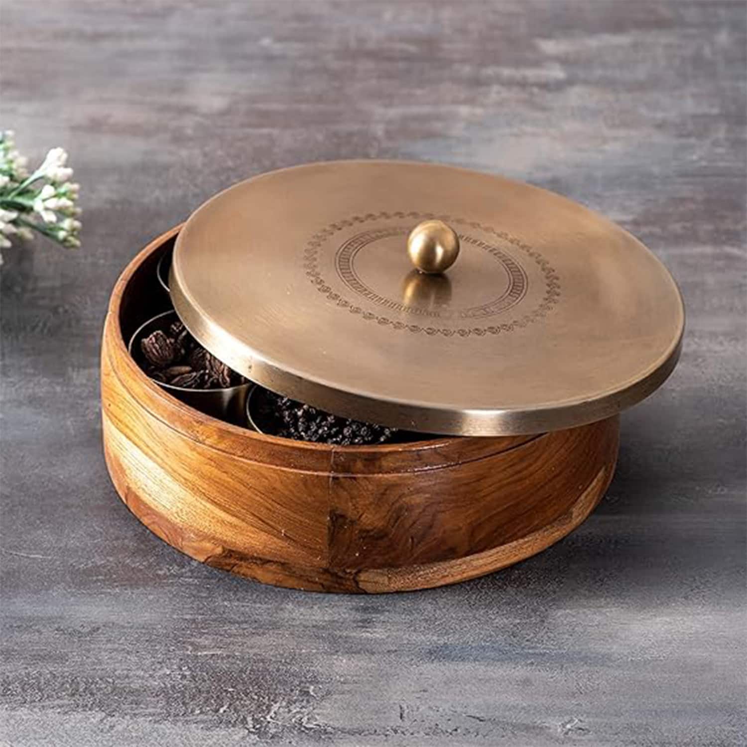 Inscribe Acacia Wood Masala Box Gold