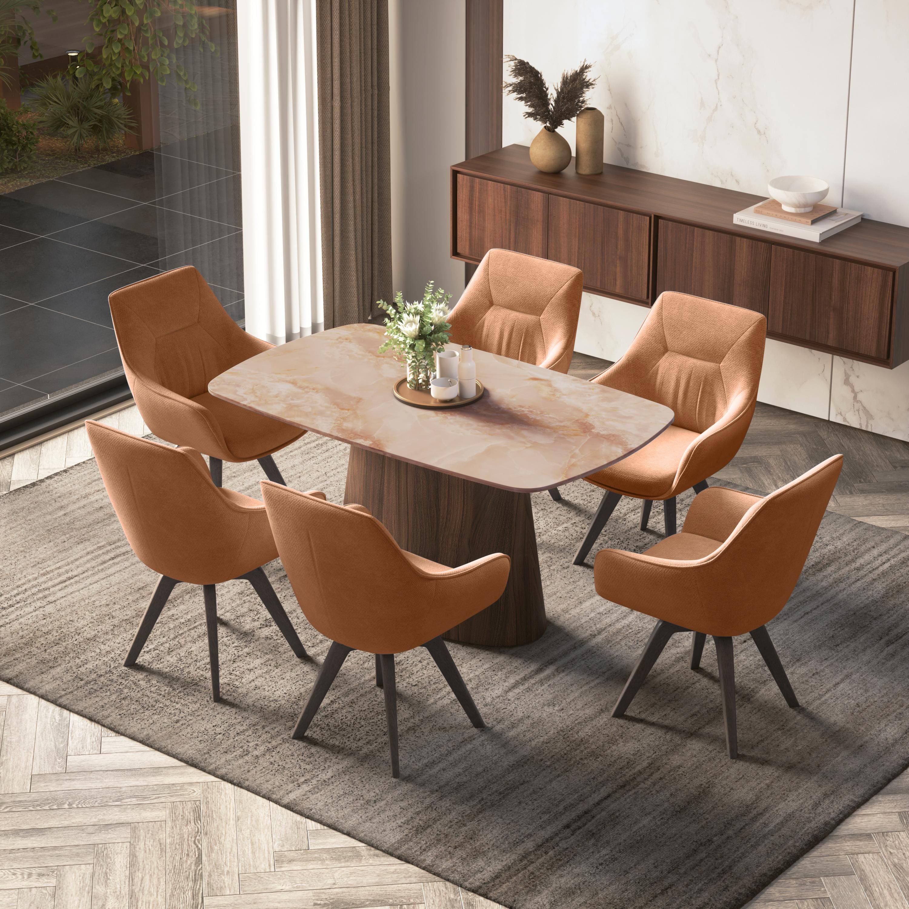Nola 6 seater Compact Dining Table in Amber Jade Ceramic with Wella Dining Chair in Terracotta Fabric