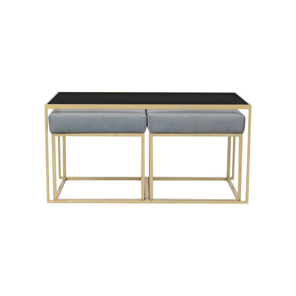 Benton Nesting Black Glass Coffee Table Set With 2 Stools In Gold Finish