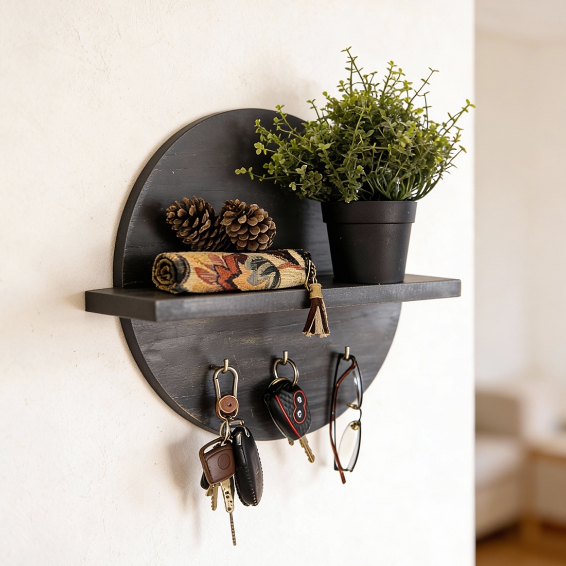 Lotus Wooden Wall Shelf Organiser With Key Holders - Symplify