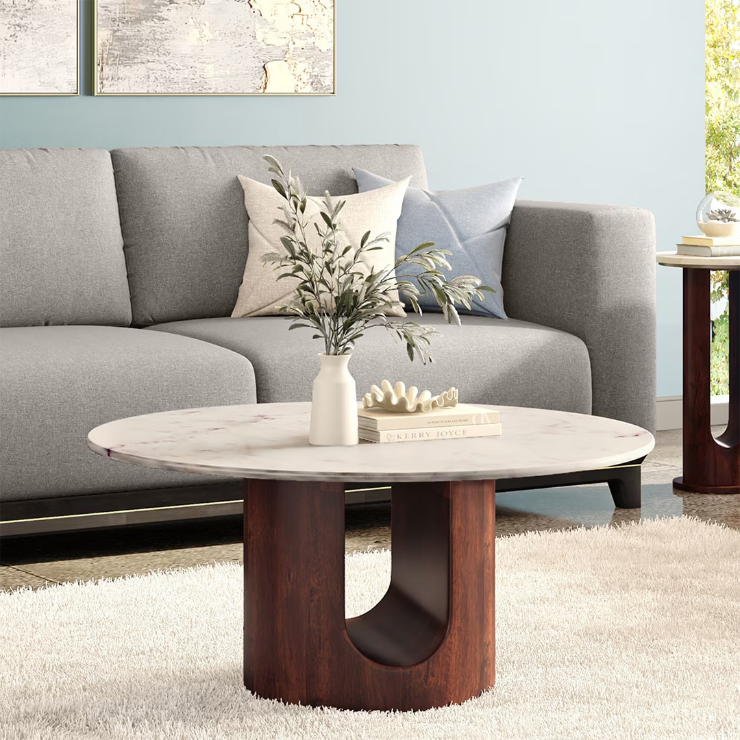 Orra Round White Marble And Solid Wood Coffee Table In Walnut Finish