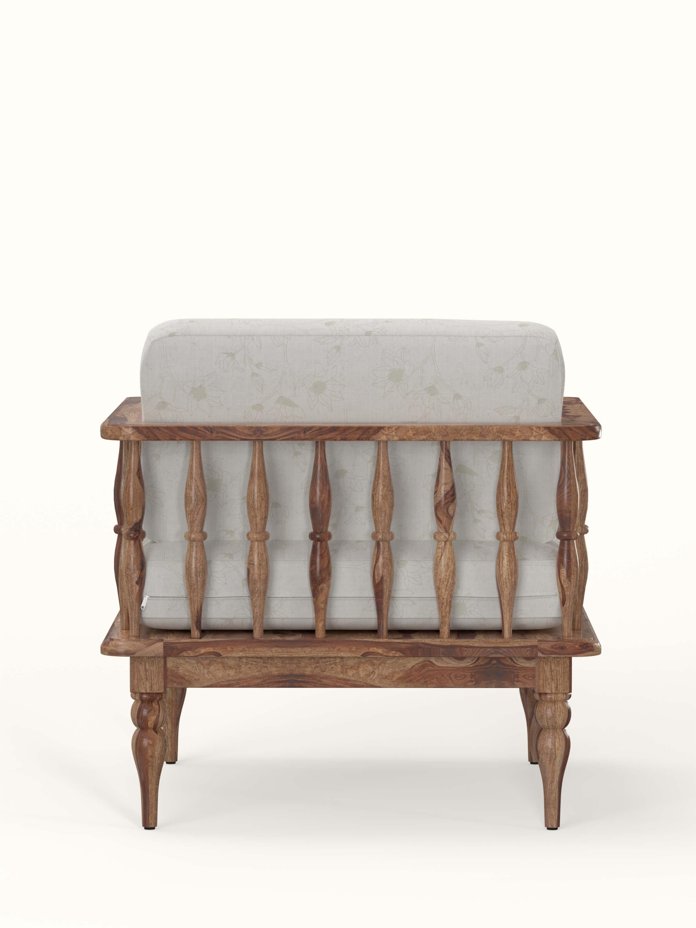 Top view of the natural finish upholstered Sheesham wood 1-seater sofa, highlighting the sofa's cushioning and the wood's smooth finish