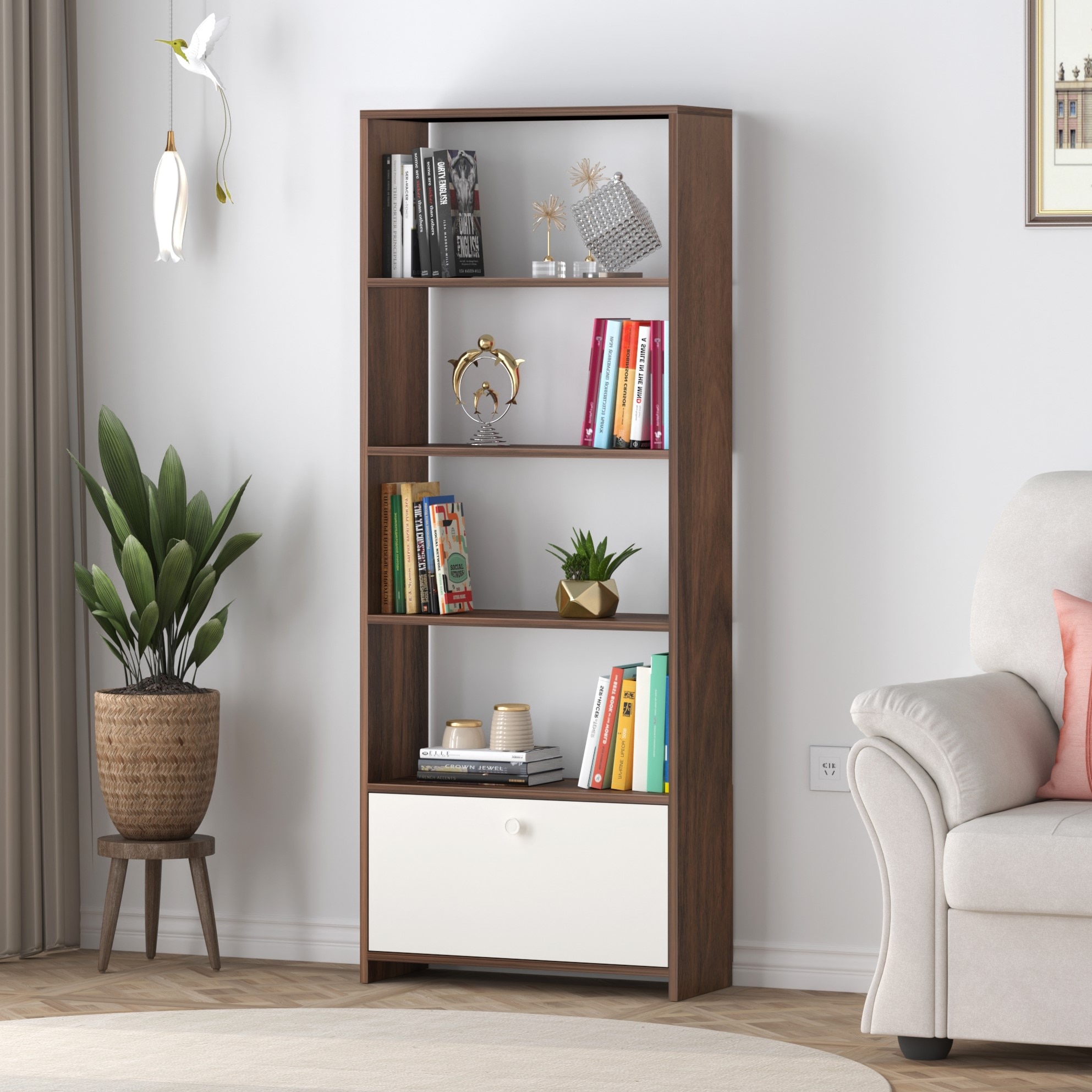 BLUEWUD Molse Engineering Wood Multipurpose Floor Standing Bookshelf Decor Display Shelves Wall Book Storage Rack Organizer with Hinged Door for Office Home (Brown Maple & White)