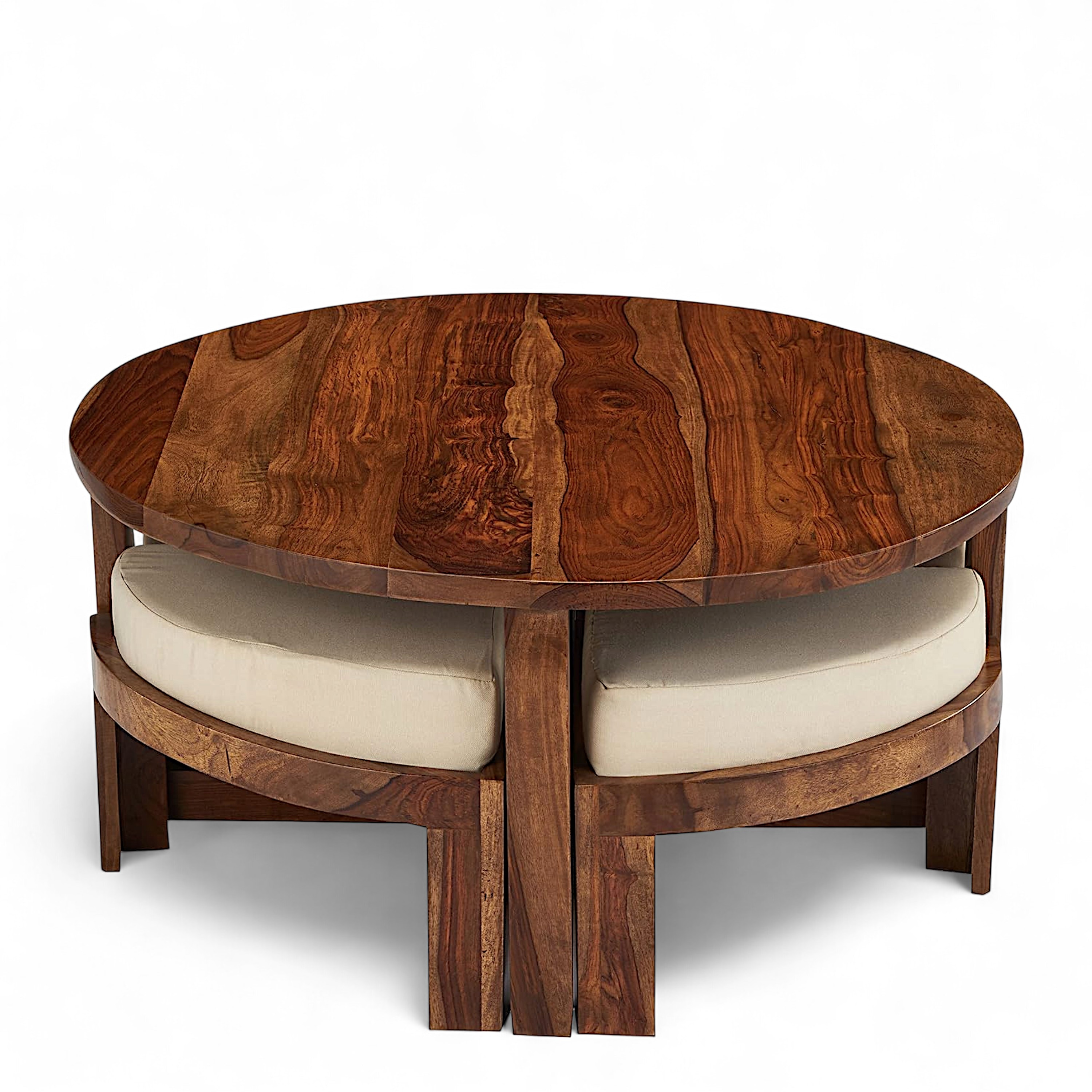 Nashville Sheesham Wood Accent Coffee Table Set With 4 Stools In Natural Teak Finish