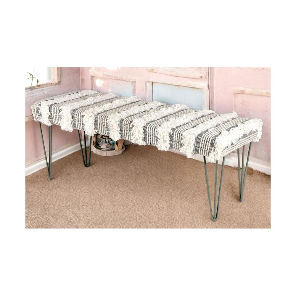 Belmont Sheesham Wood Mid Century 3 Seater Bench With Metal Legs In Grey Fabric