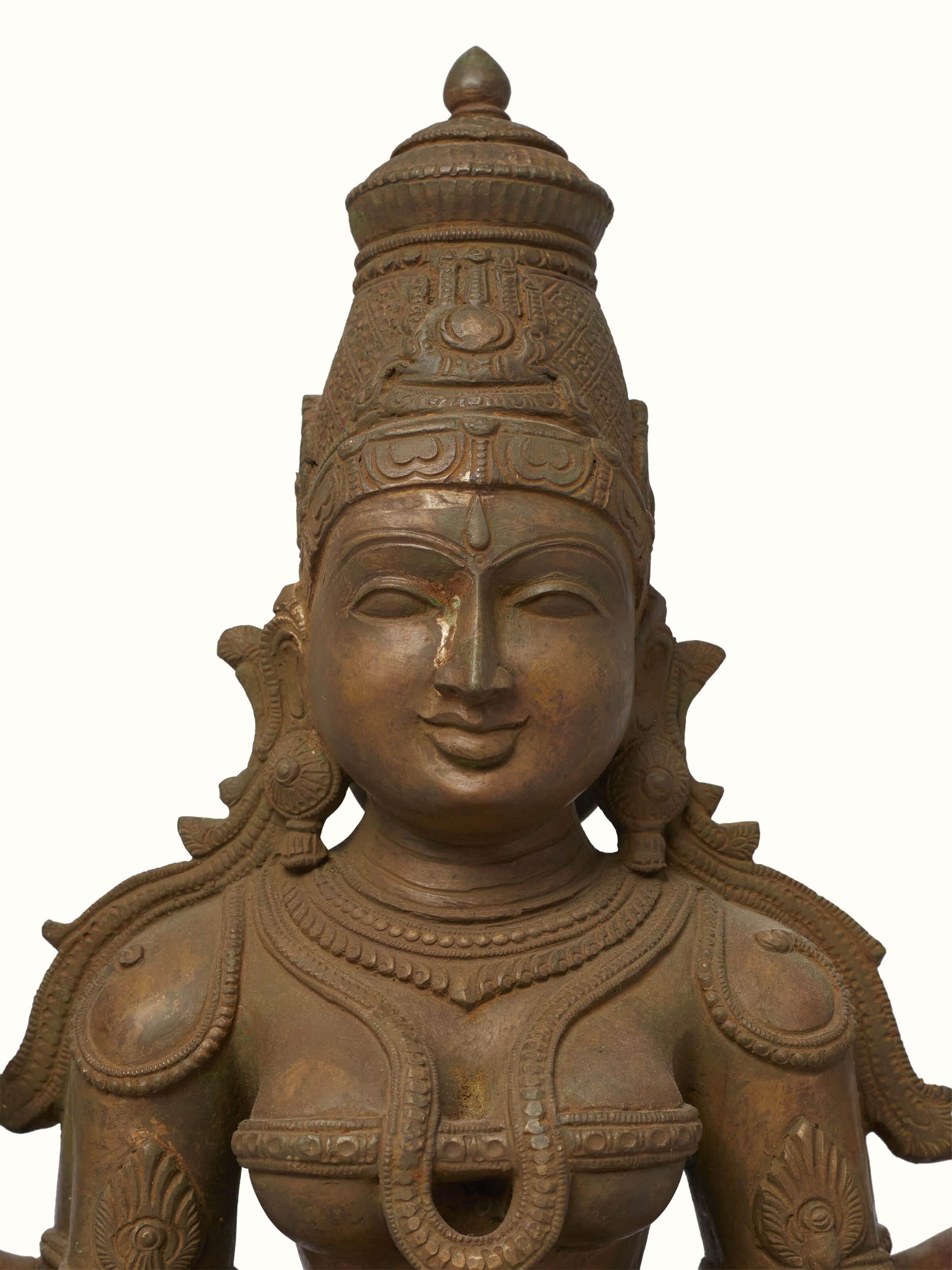 Close-up of Mystical Saraswati Bronze Casting Idol showcasing the intricate bronze detailing and divine appearance