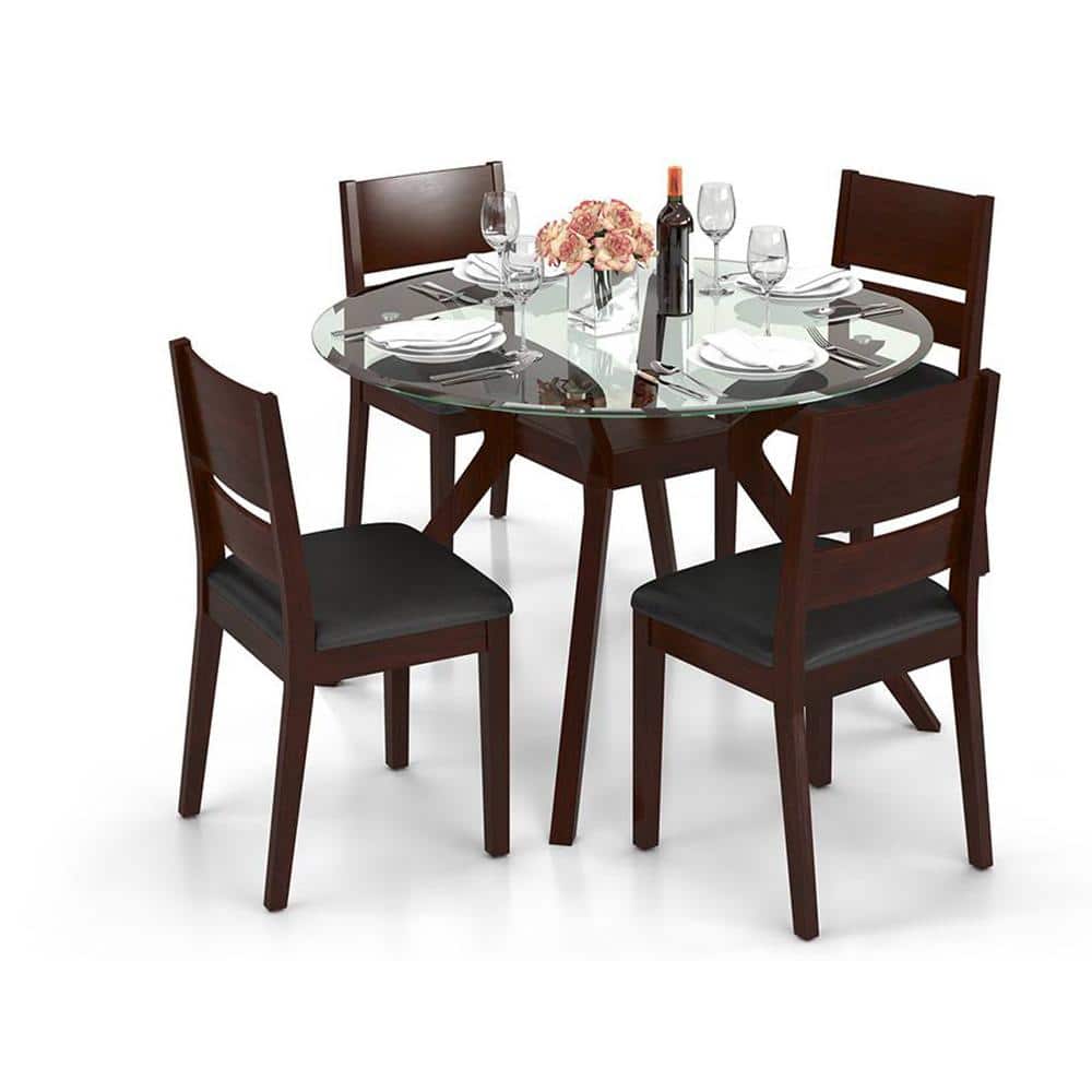 Wesley - Cabalo (Leatherette) 4 Seater Round Glass Top Dining Table Set (Colour- Black, Finish- Dark Walnut)
