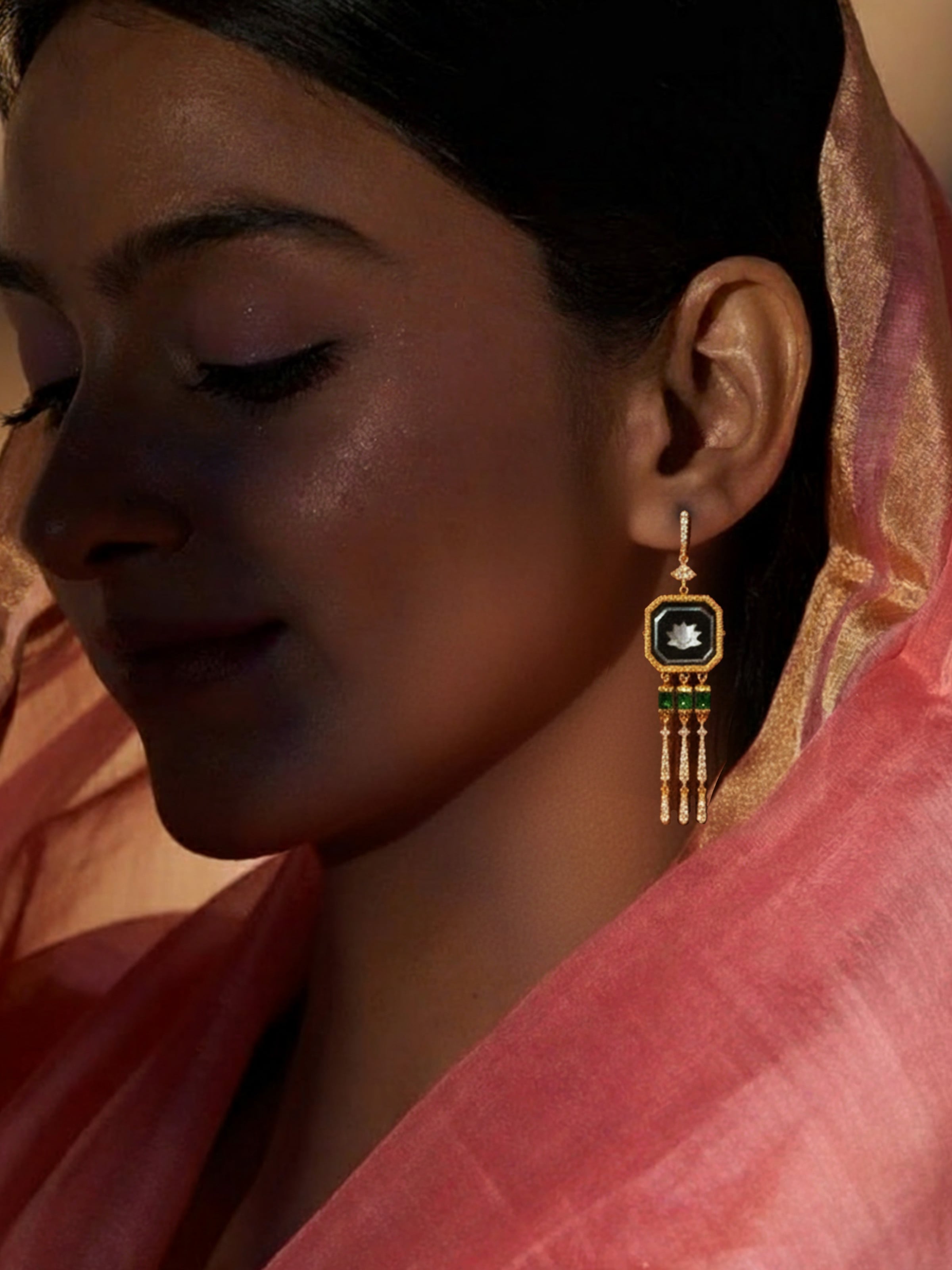 Lifestyle view of Parchinkari Silver Drop Earrings