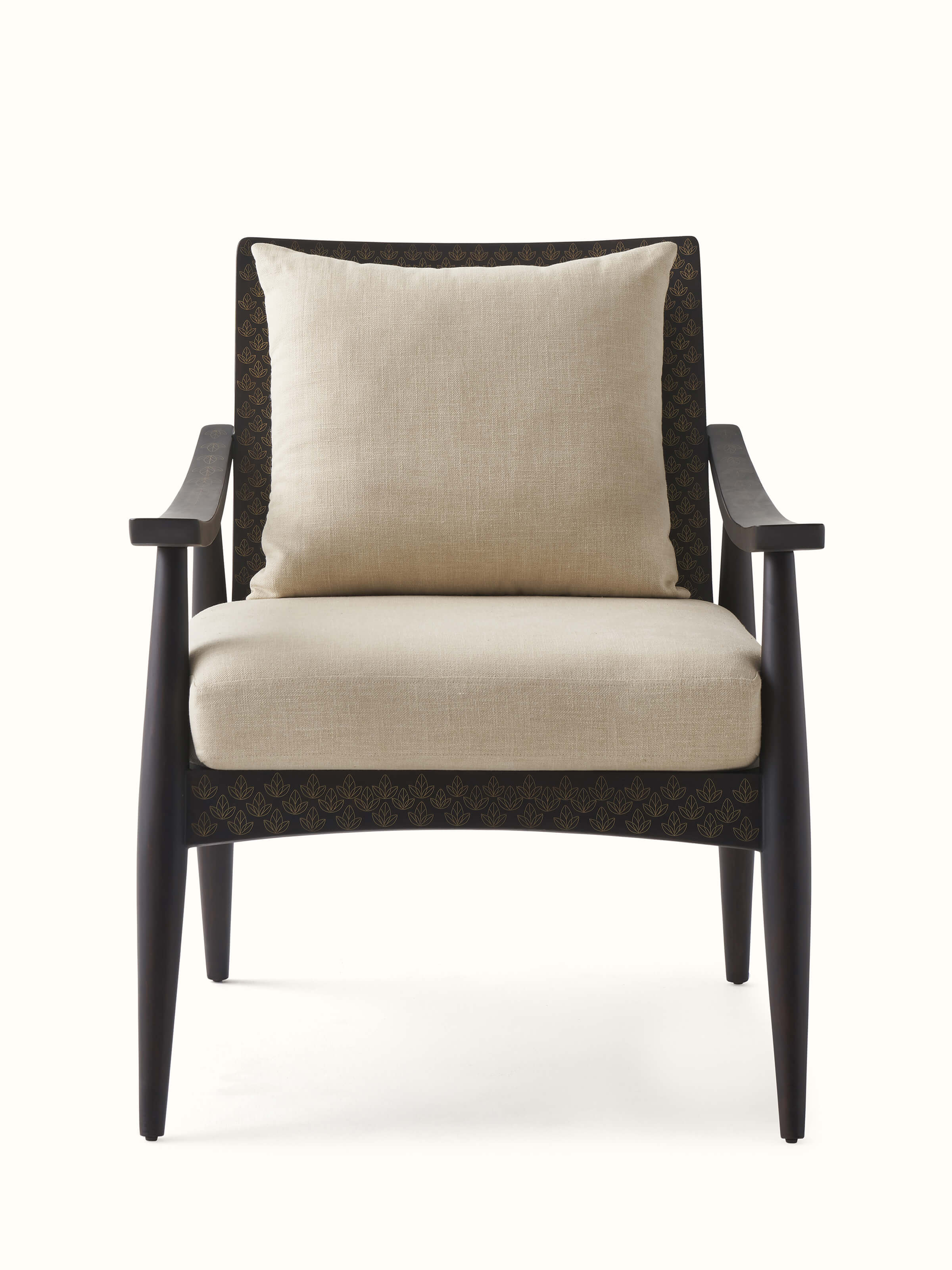 Front view of Sheesham wood & brass Tarkashi armchair, showcasing intricate brass inlay work and elegant design