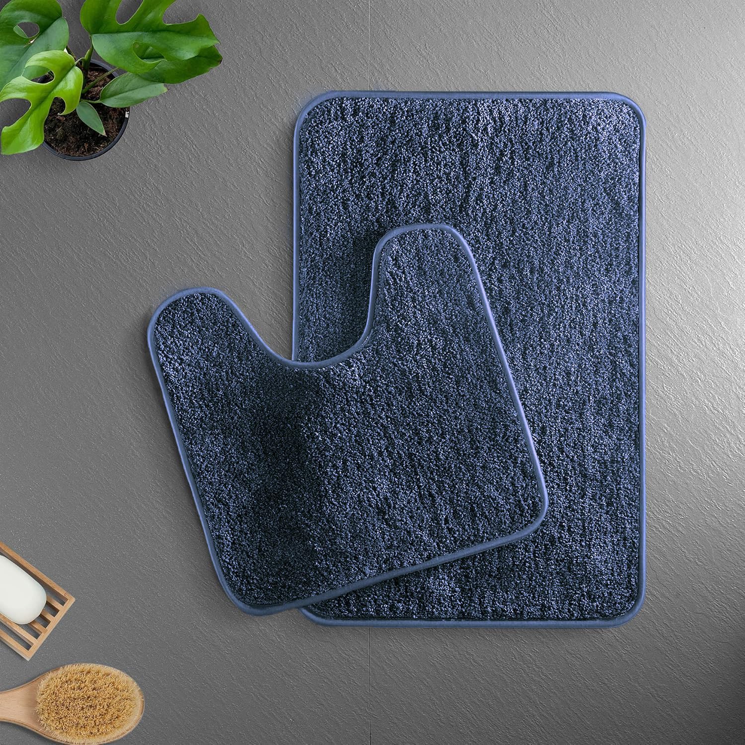 Luxe Home Polyester Newman Contour Bath Mat Set of 2 (Navy Blue 45x75 cm & 40x45)