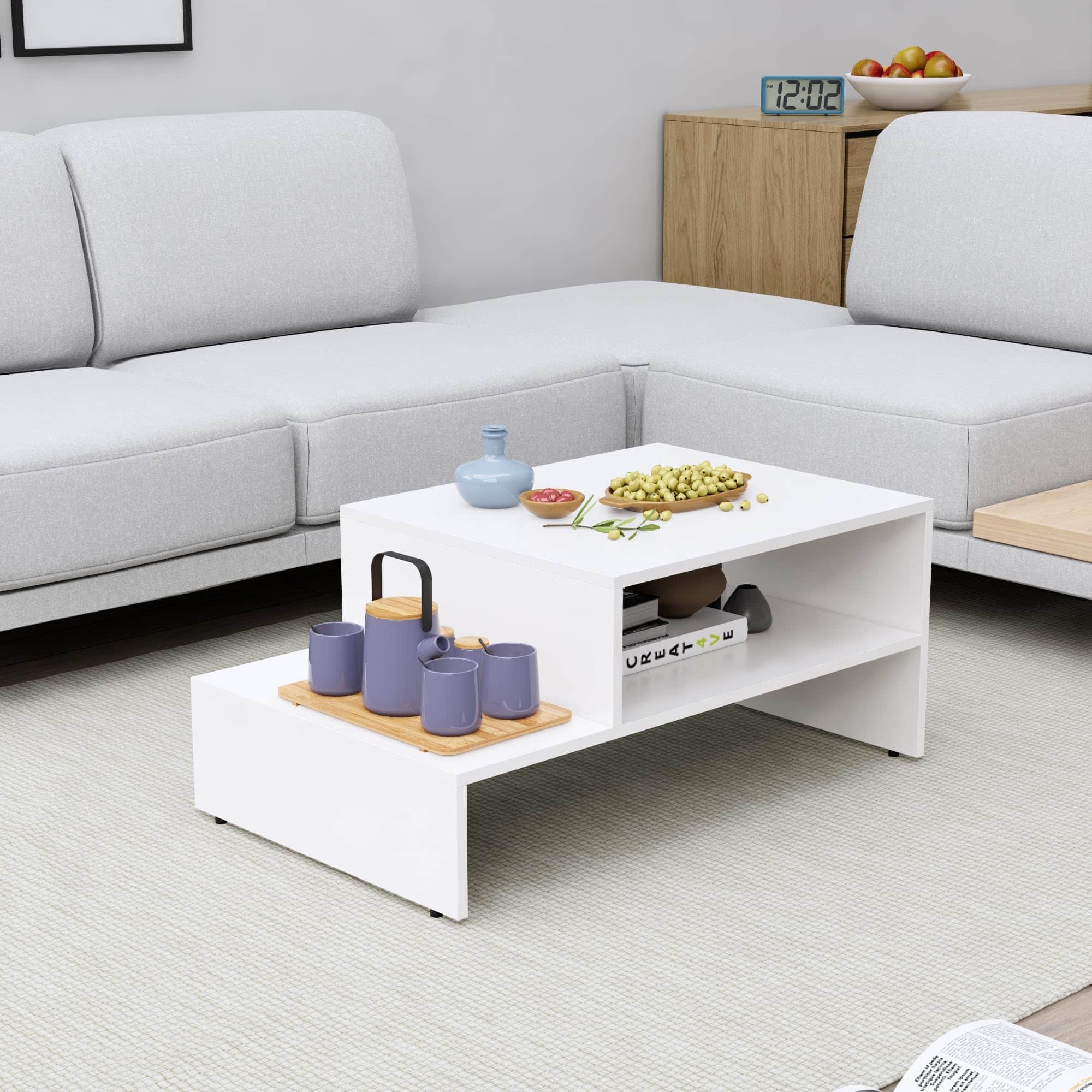 Hexa Engineered Wood Modern Center Table For Living Room In Frosty White - HexaRed