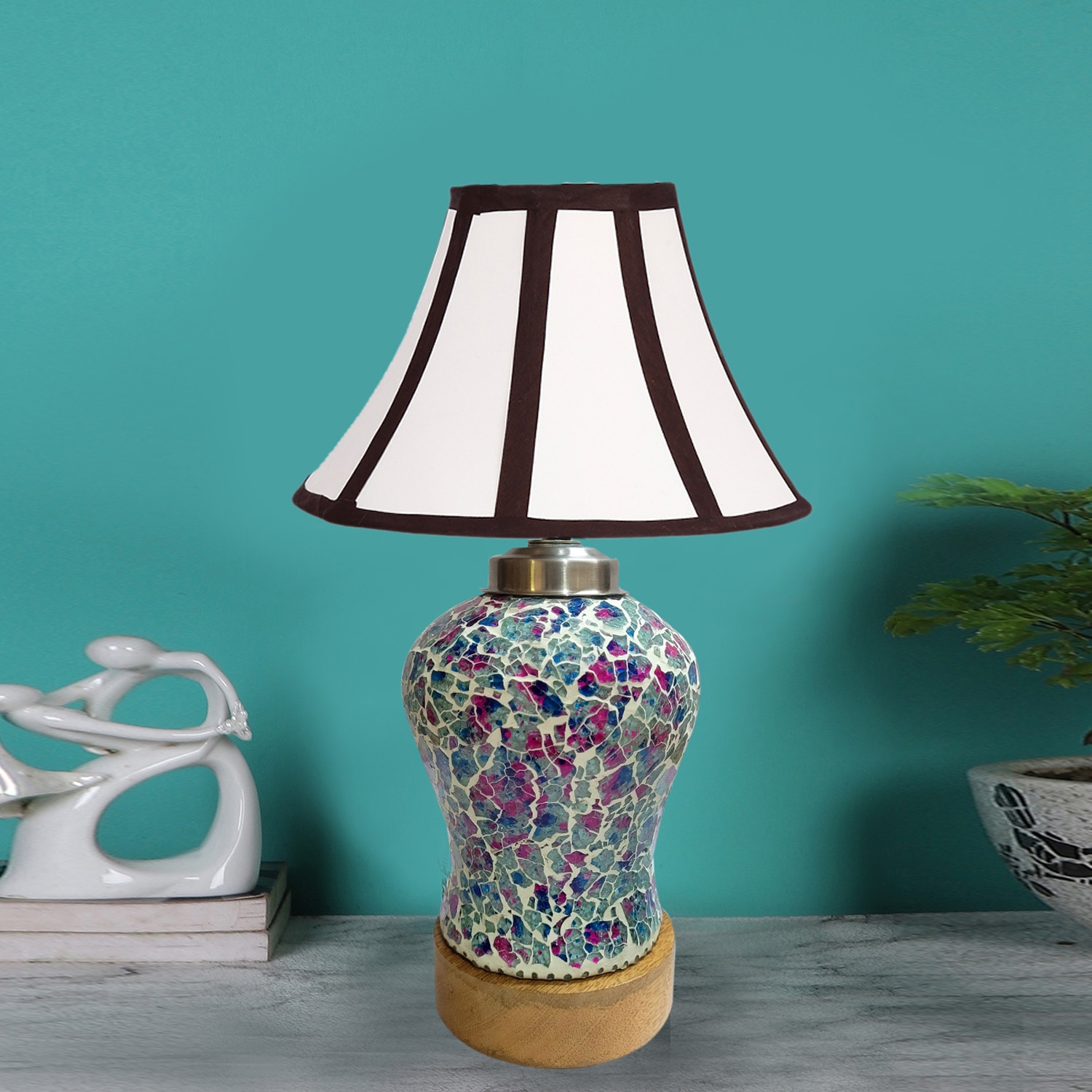 Devansh Multicolored Cotton  Shade  Lamp With  Wood & Mosaic Base For Decoration /Office/Home/Gifting/Study For Office/Home/Gifting -(12X12X16) Inches -