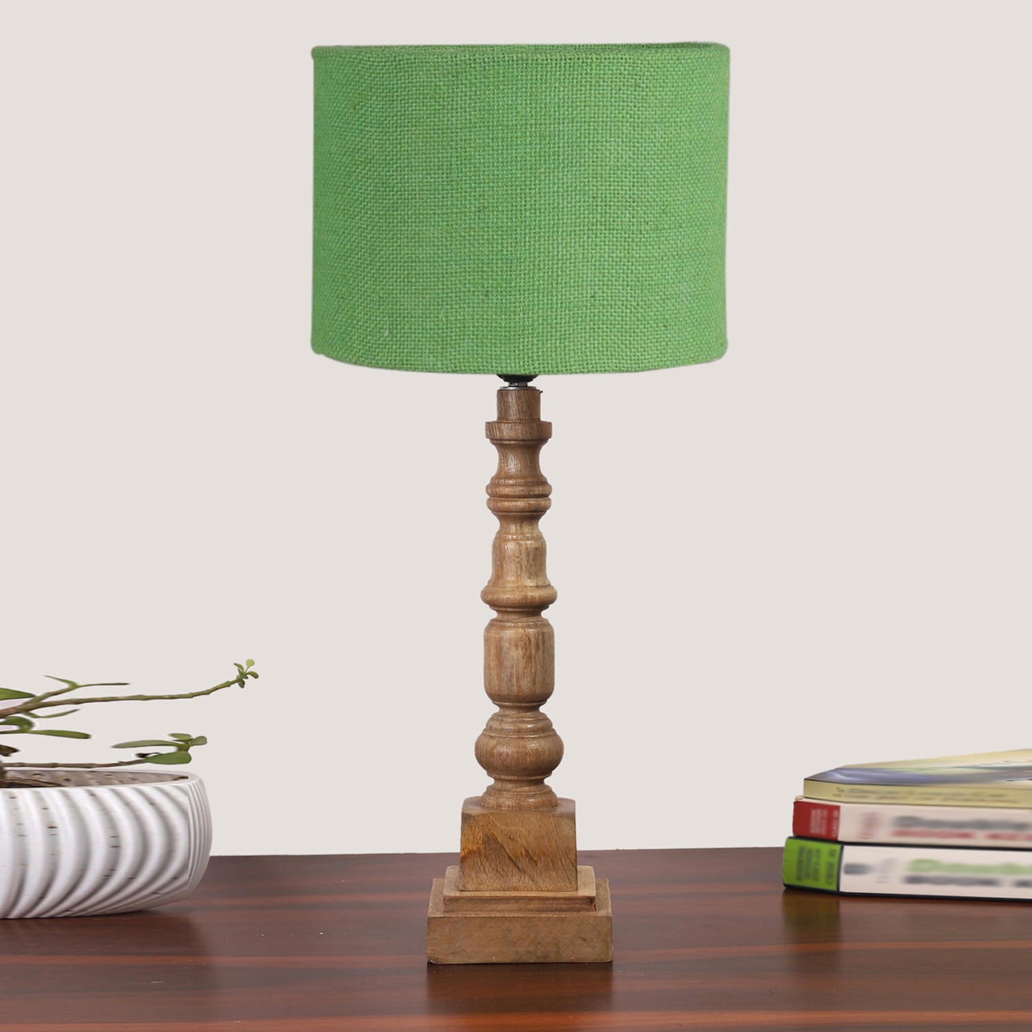Devansh Green Jute  Table Lamp With  Wood Natural Base (7X7X21.25 Inches)-17 - Devansh