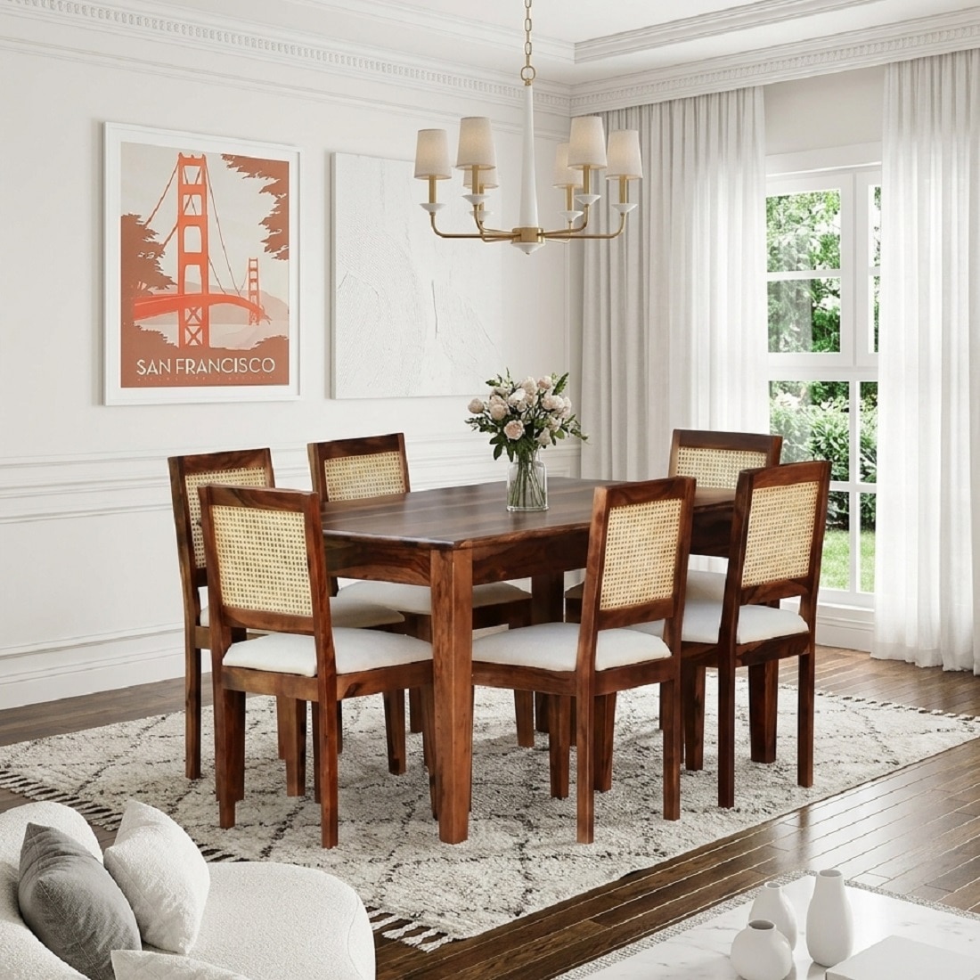 Kenvora Solid Wood 6 Seater Dining Table in Provincial Teak Finish - Demiwall