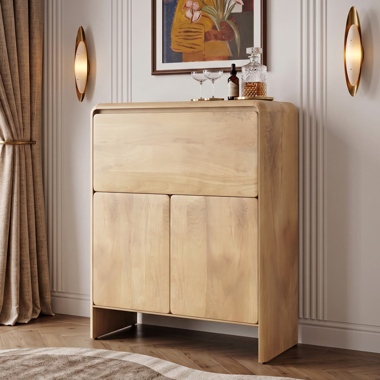 Cabo Solid Wood 2 Door Bar Cabinet In White Oak Finish