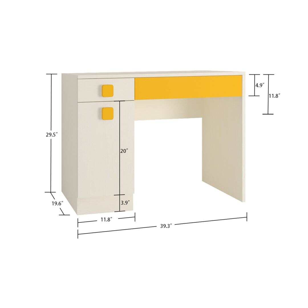Kristina Kids Study Desk with Shuttered Cabinet and 2 Drawers in Light Wood Mango Yellow Colour