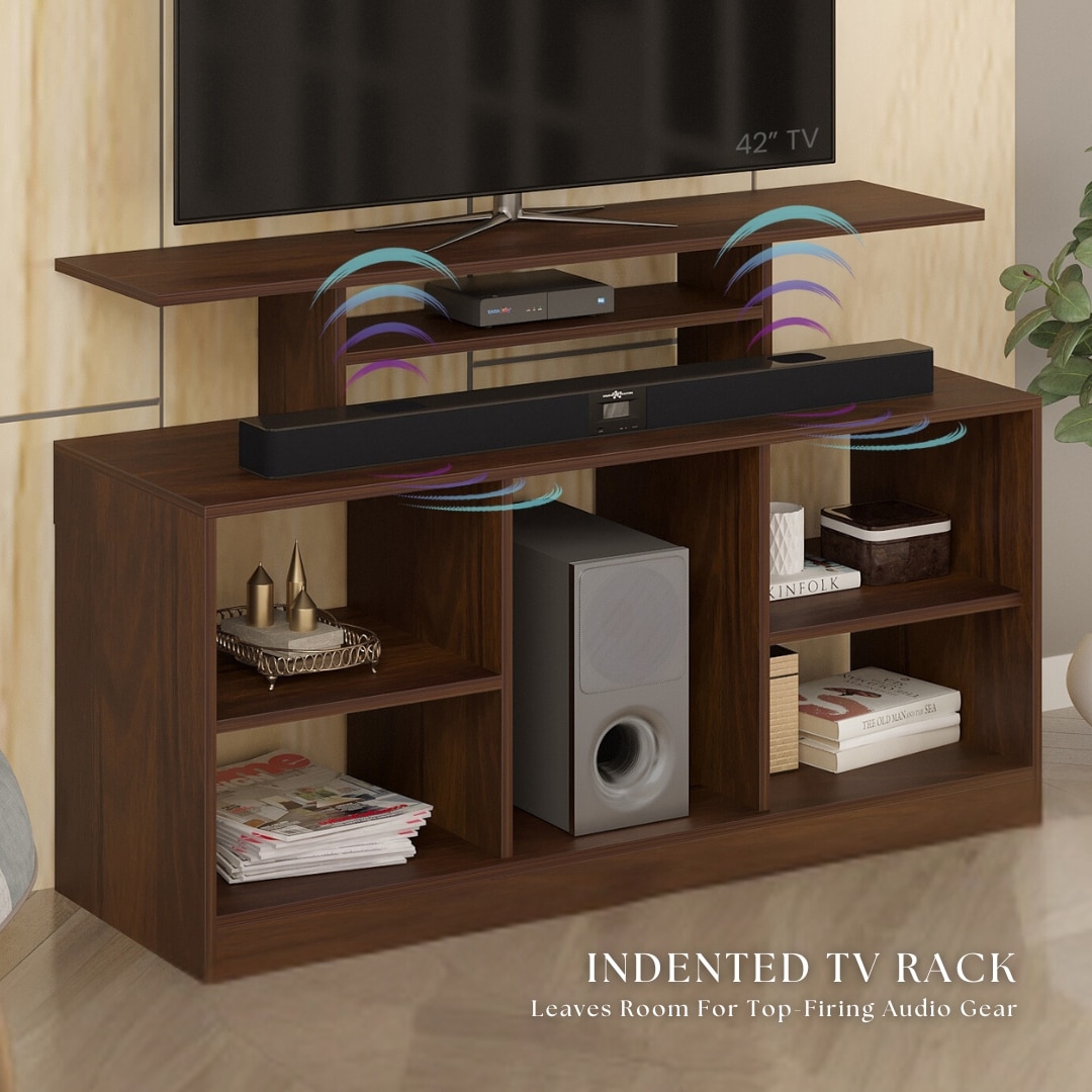 BLUEWUD Bevlyn Engineering Wood Floor Standing TV Entertainment Unit Set Top Box Stand/TV Cabinet Panel with Shelves for Books & D�cor Display Unit Bed Living Room Ideal for Upto 50" (Brown Maple)