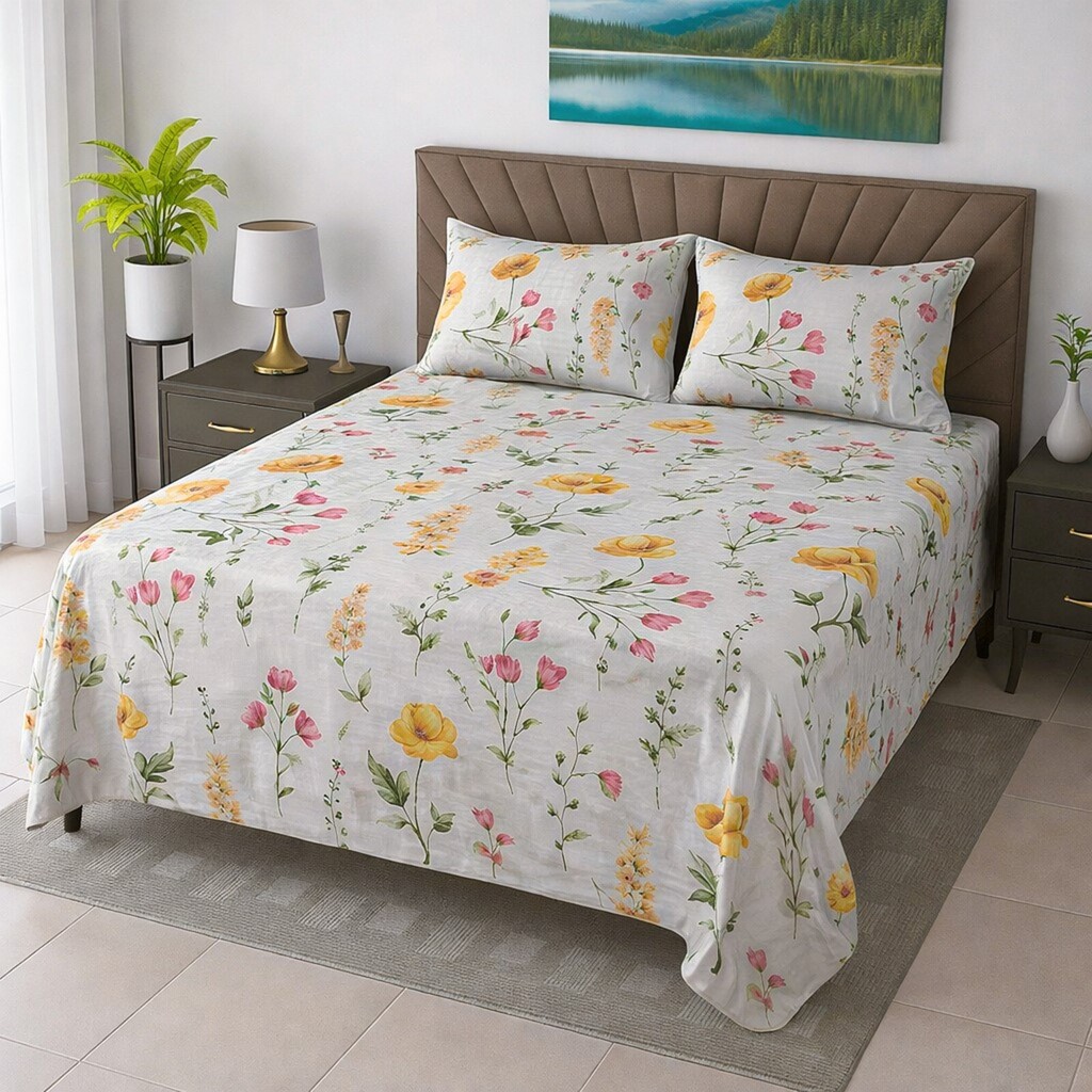 Niko White Floral 400 TC Cotton Flat Super King Size Bedsheet with 2 Pillow Covers – Threads - Threads