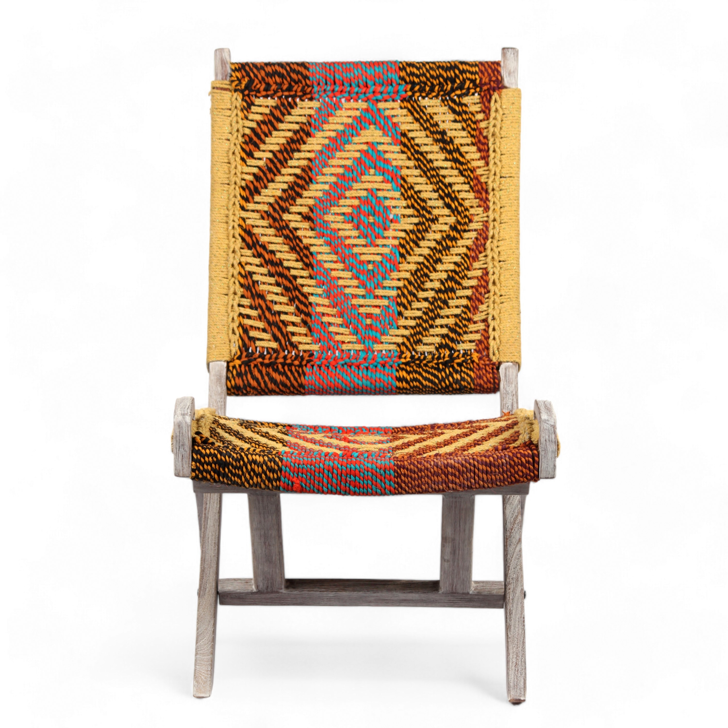 NatWest Sheesham Wood Relaxing Lounge Chair in Assorted Multi-Colour Chindi & Yellow Rope Canning