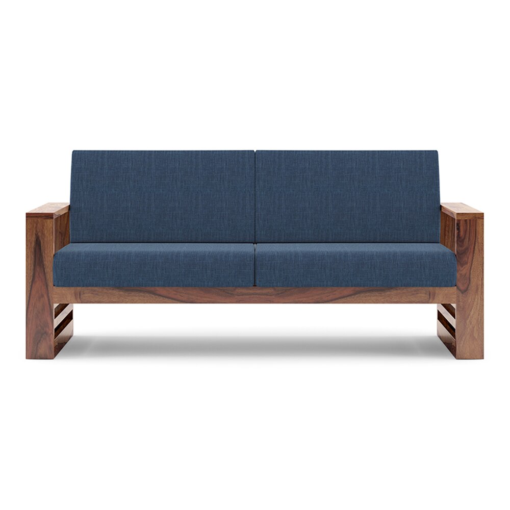 Parson 3 Seater Wooden Sofa In Teak Finish (Midnight Indigo Blue)