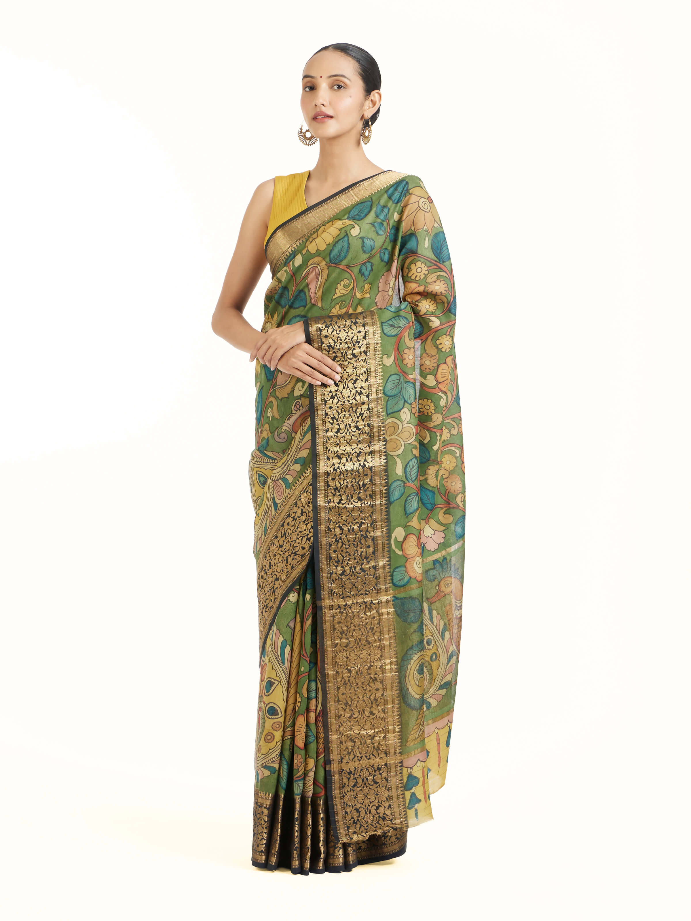 Side view of kalamkari chiniya silk saree with flowing drape
