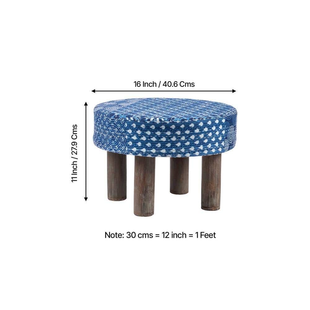 Maple Solid Wood Foot Stool in Indigo Patch Kantha Fabric