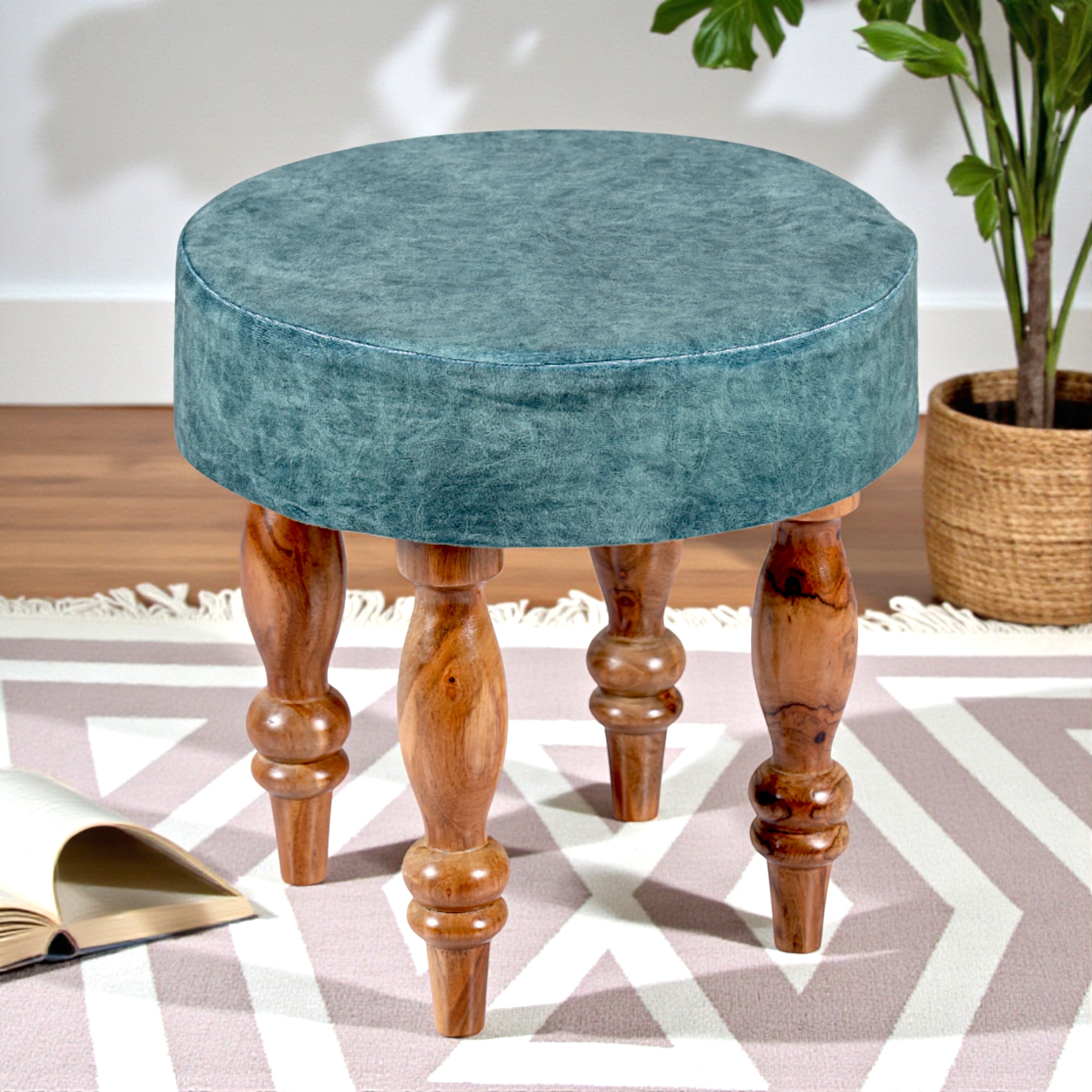 Roswell Sheesham Wood Round Stool in Blue Jacquard Work Fabric Upholstery