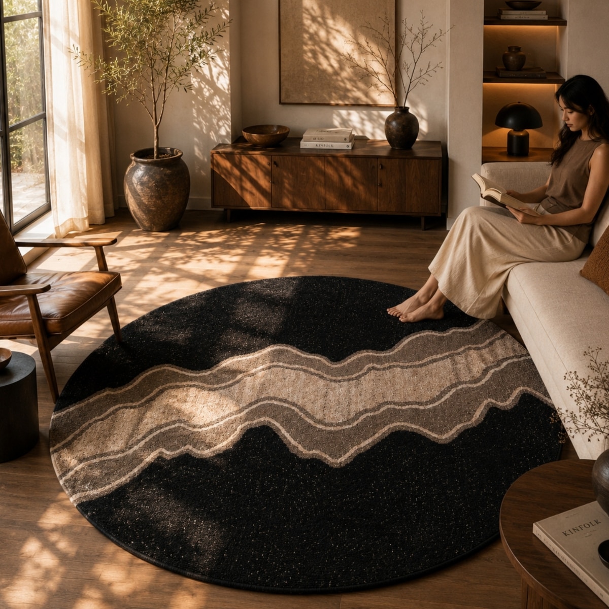 Handmade Round Natural Wool Rug Abstract Canyon Black 9 Feet Carpet - NEU LOOMS