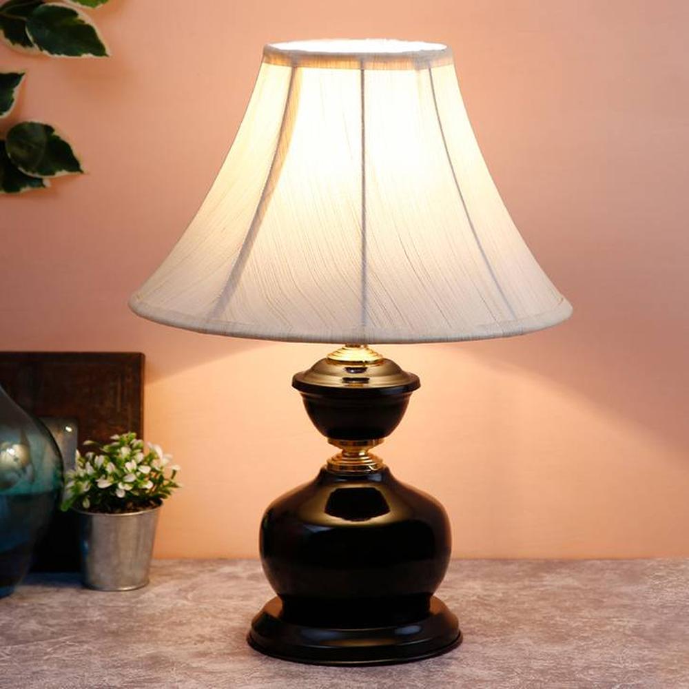 Aron Off White Fabric Shade Table Lamp with Black Iron Base