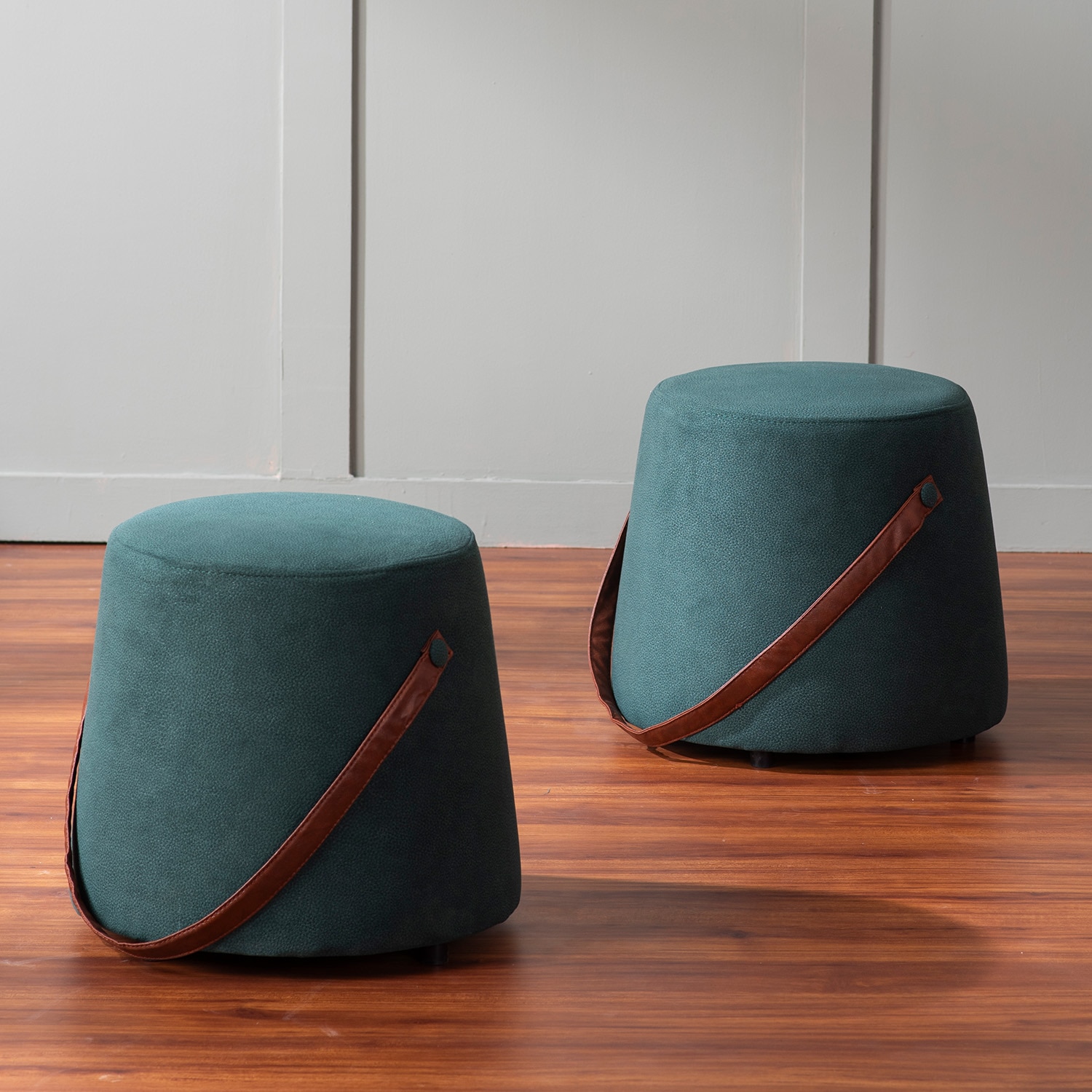 Hoist Collection Pouf With Faux Leather Strap in Green Color Set Of 2 | Nestroots - Nestroots