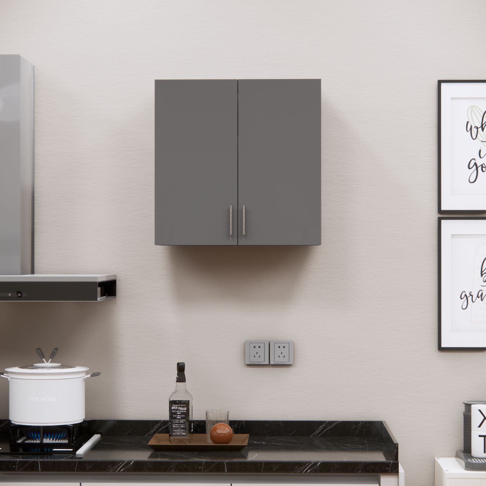 2 Doors Modular Wall Mounted Kitchen Cabinet With Adjustable Shelf In Slate Grey Finish-image-4