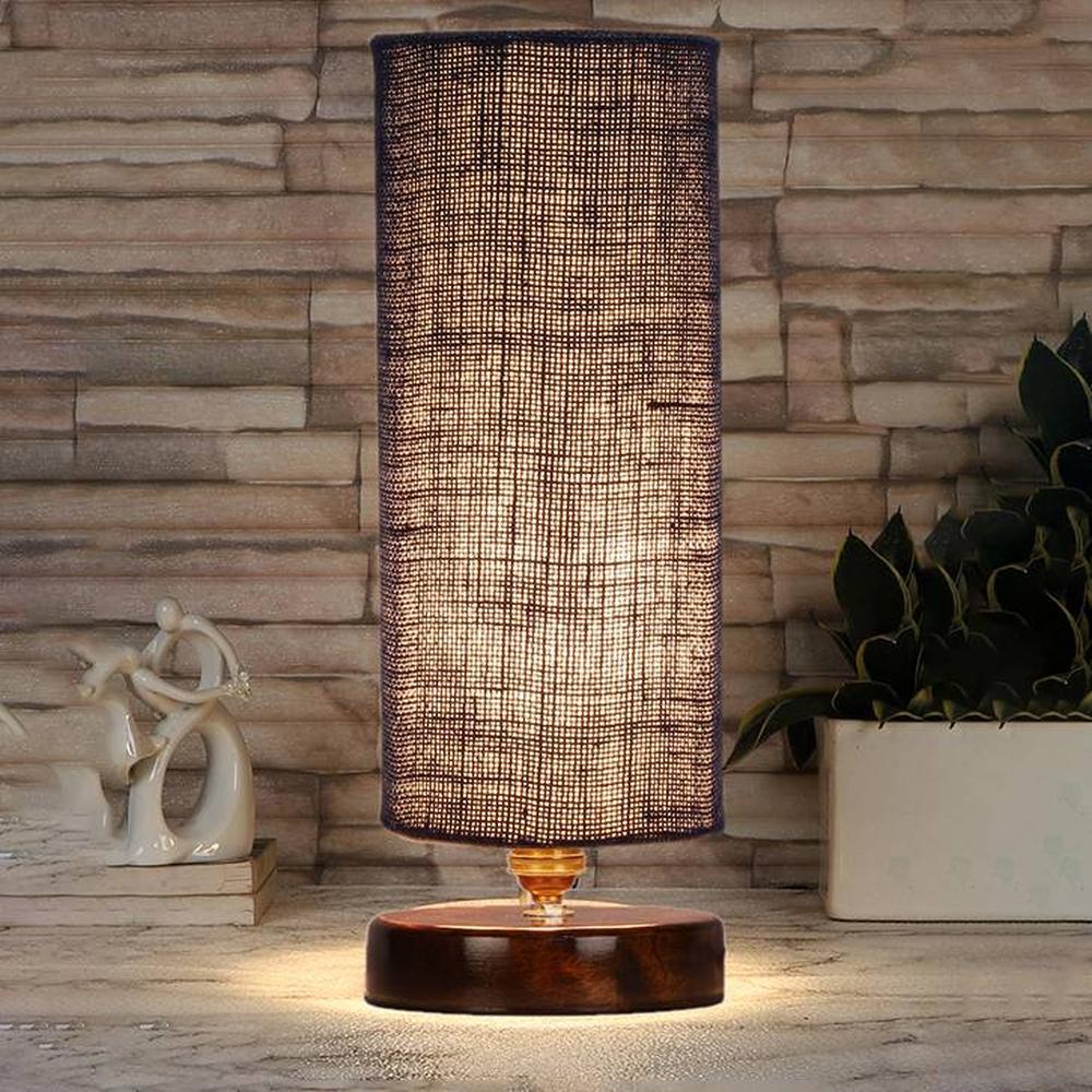 Spencer Blue Jute table lamp with brown wood base
