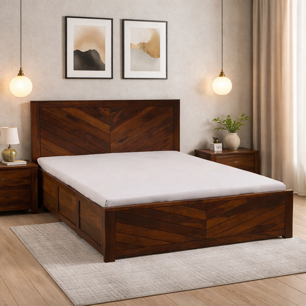 Cedarline Solid Wood King  Size Bed With Hydraulic Storage (Provincial Teak Finish) - Ferrowoods