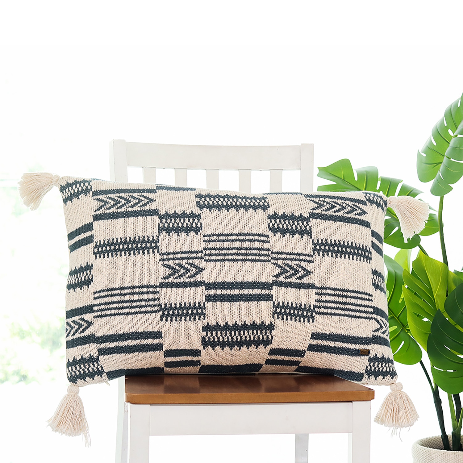 Tribal Knit Pillow Cover  Champion Blue Natural 16X24  Inches - Pluchi