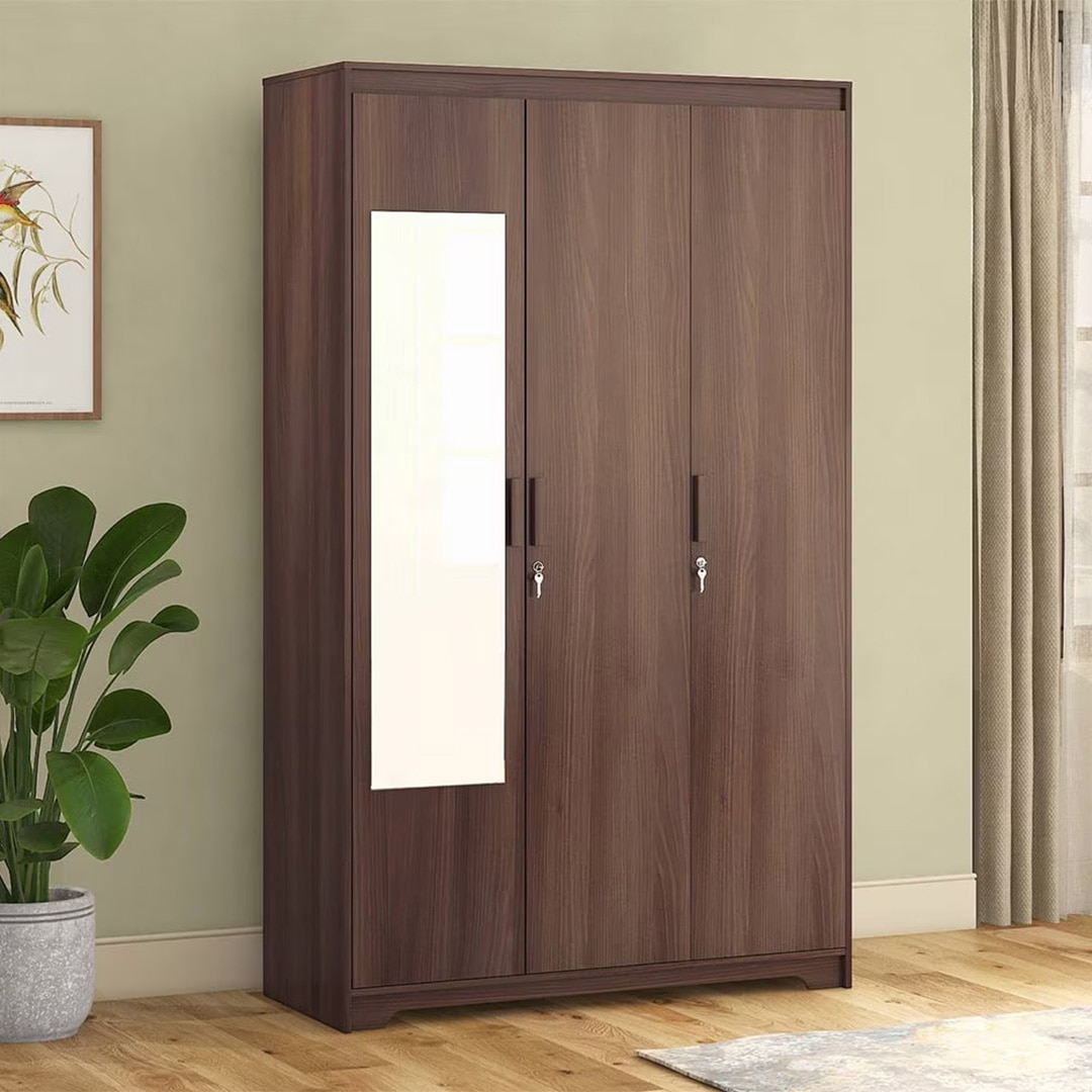 Hilton 3 Door 1 Drawer Wardrobe With Mirror and Lock in Chestnut Acacia Finish - Urban Ladder
