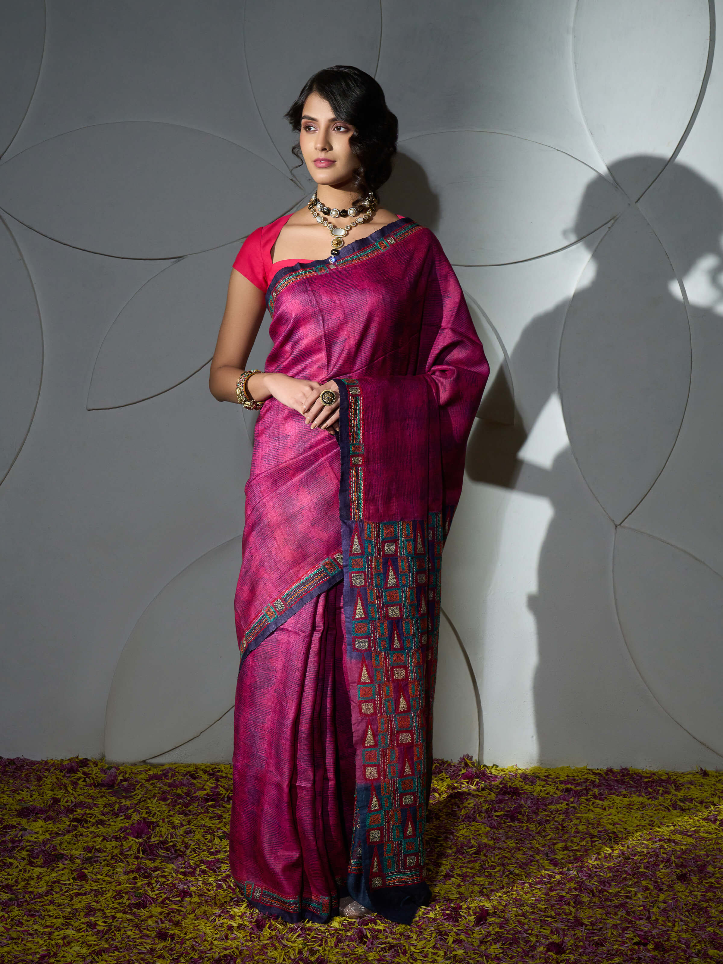 Magenta Tussar Silk Discharge Block Printed Kantha Embroidered Saree