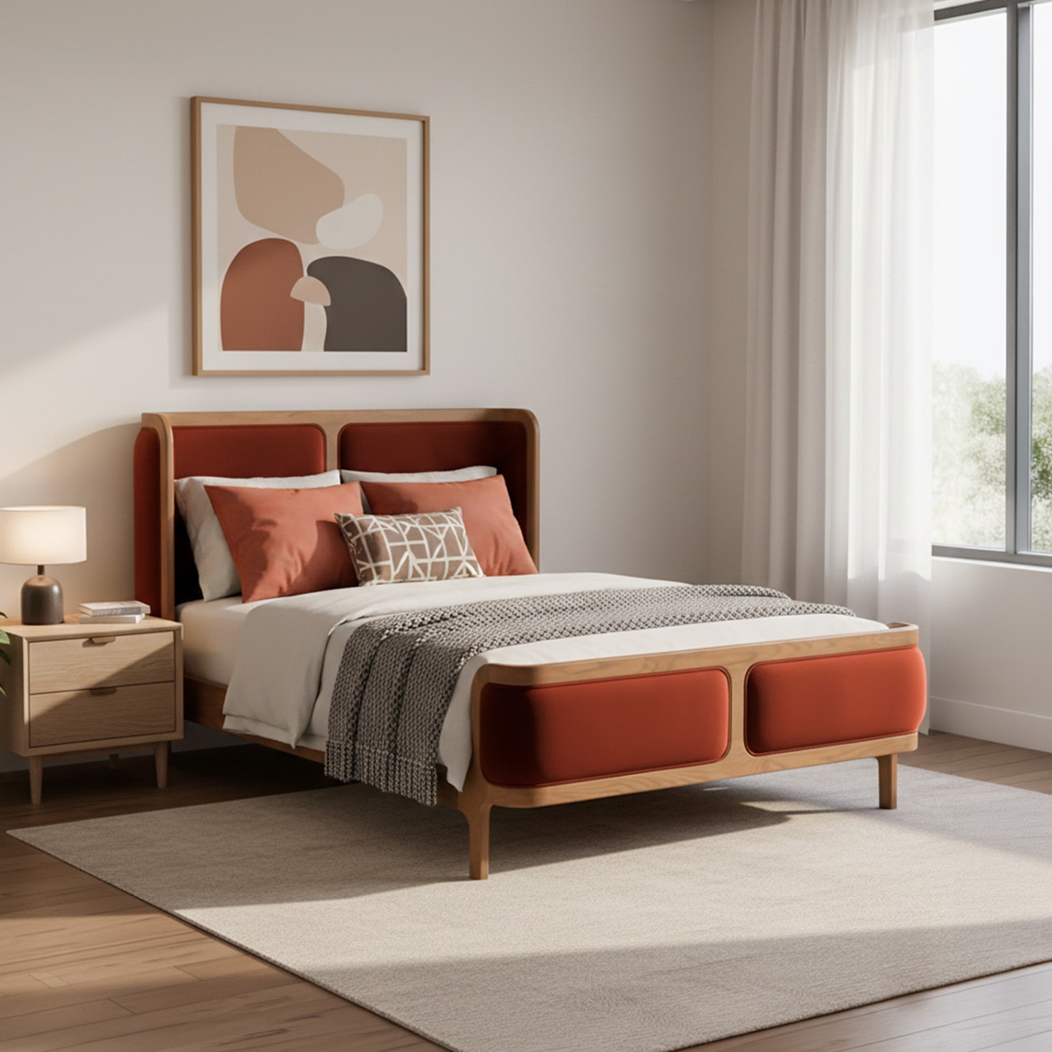 Valerio Duo-Panel Luxe King Size Bed in Rust colour Velvet with Oak wood Frame - Nestroots