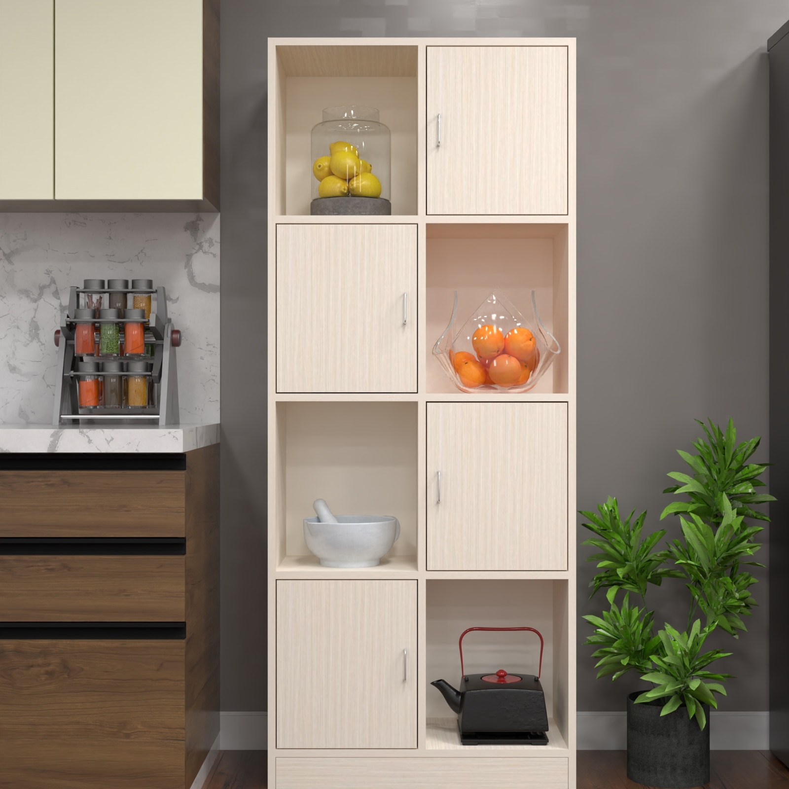 8 Shelves Semi Open Multipurpose Matrix Kitchen Cabinet In Highland Pine Finish - Speciality Panels