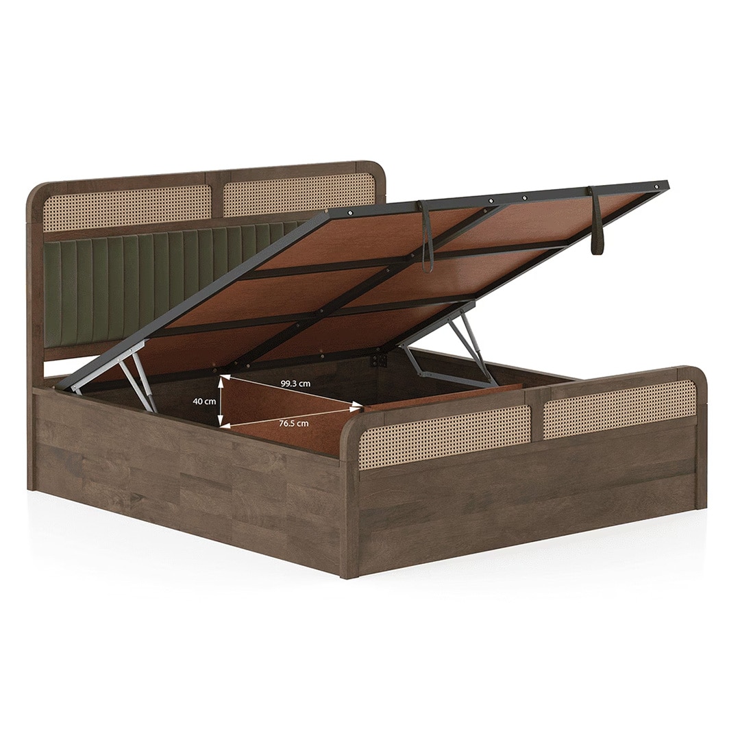 Hanoi Solid Wood Cane Queen Size Hydraulic Storage Bed In Danish Walnut Finish with Deep Olive Colour