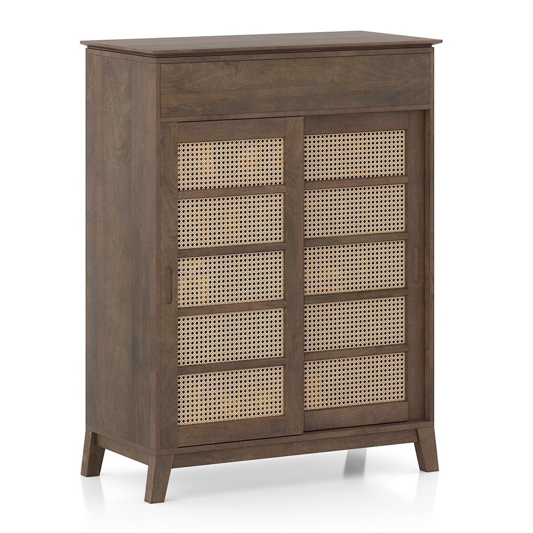 Fujiwara 20 Pair Solid Wood and Cane Shoe Cabinet With Drawer In