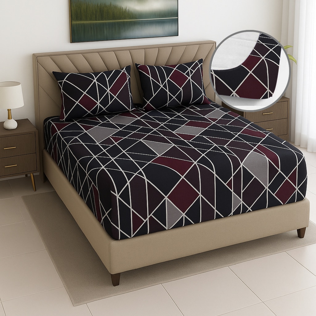 Grey Geometric 400 TC Cotton Fitted Queen Bed Size Bedsheet With 2 Pilllow Covers  Threads