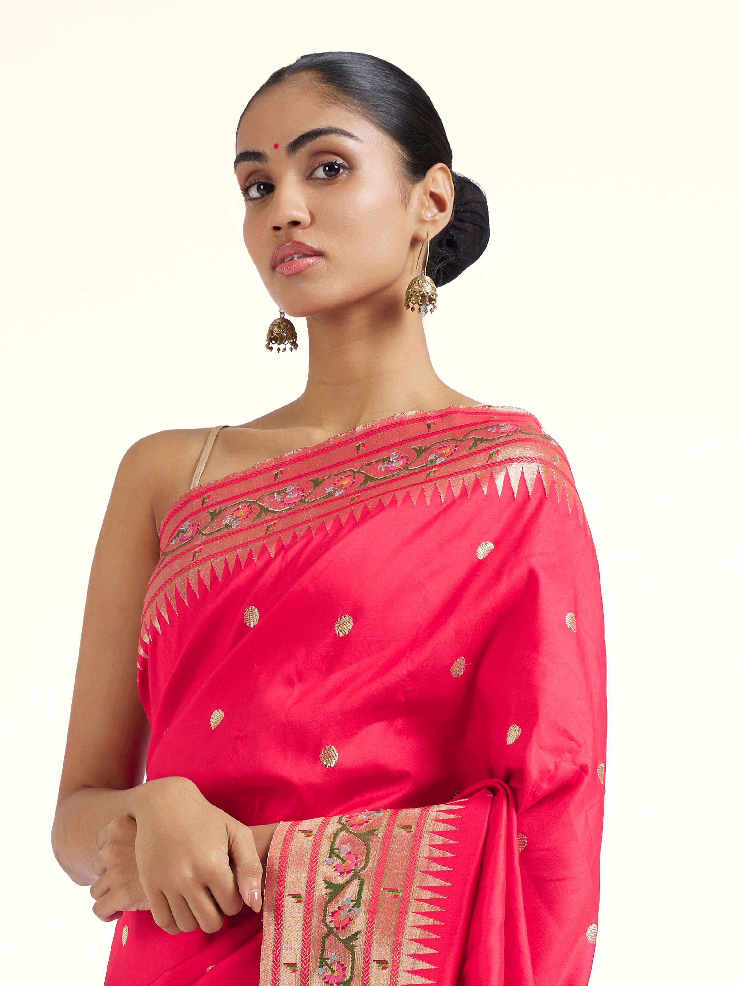 Angled view of Kaashvi silk Paithani saree highlighting Paithani weaving technique