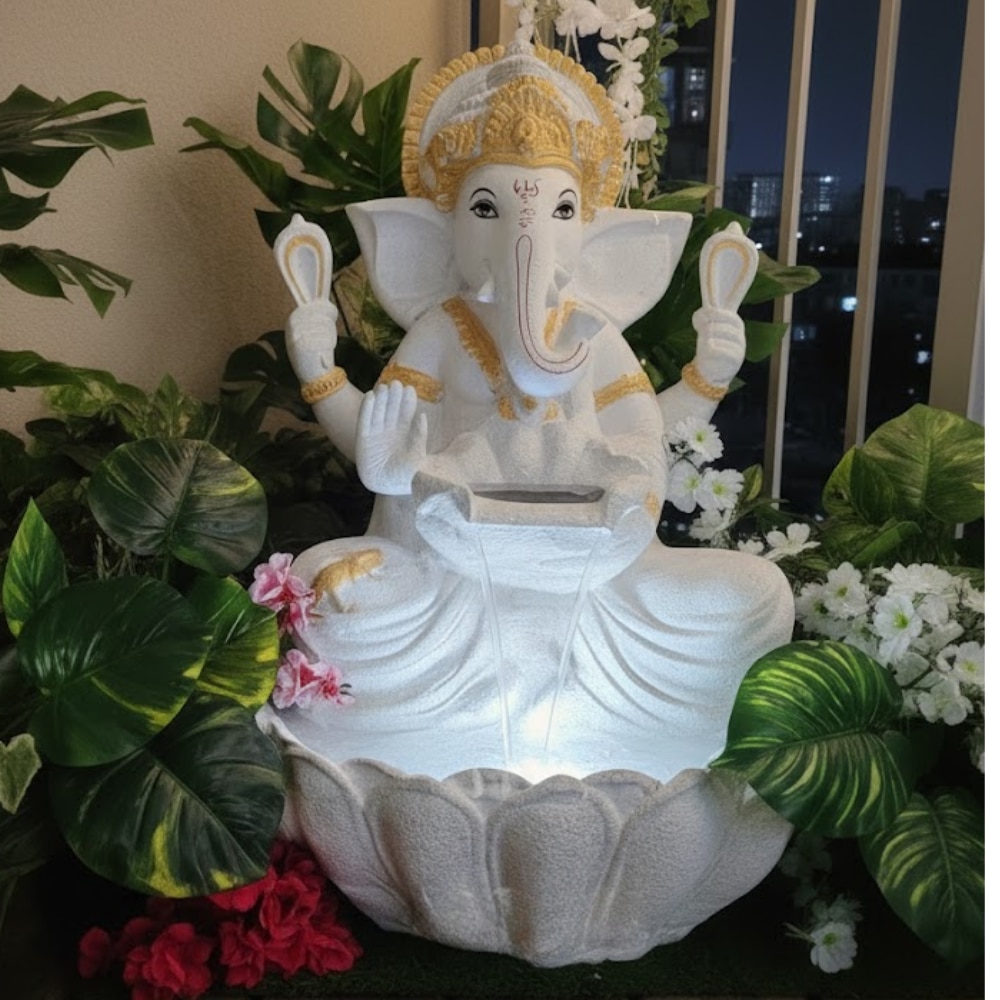 White Fiber Glass Lotus Ganesha Indoor Water Fountain - Expleasia
