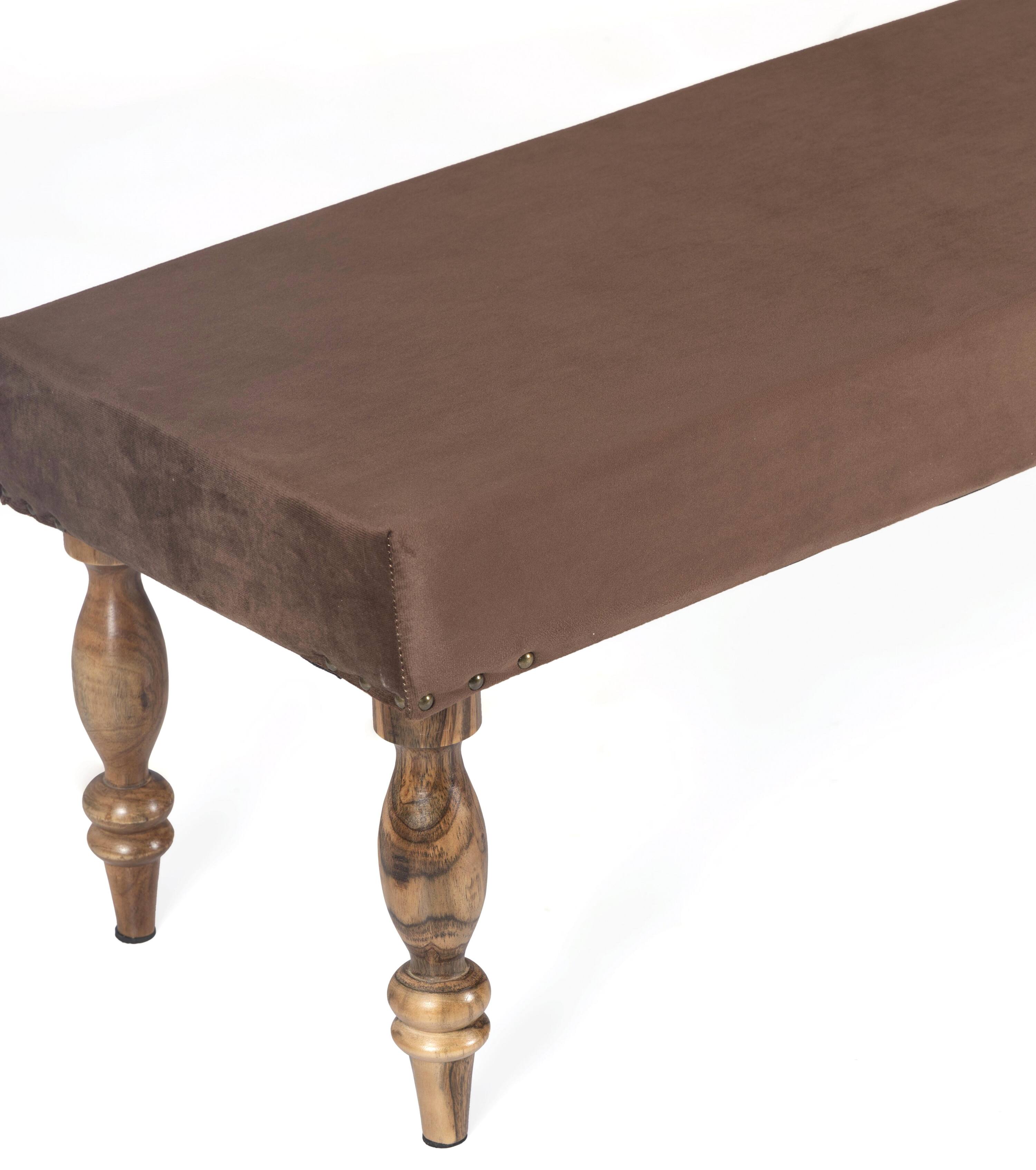 Cairo Sheesham Wood Accent 3+1+1 Seater Bench Set With 2 Stools In Taupe Brown Velvet