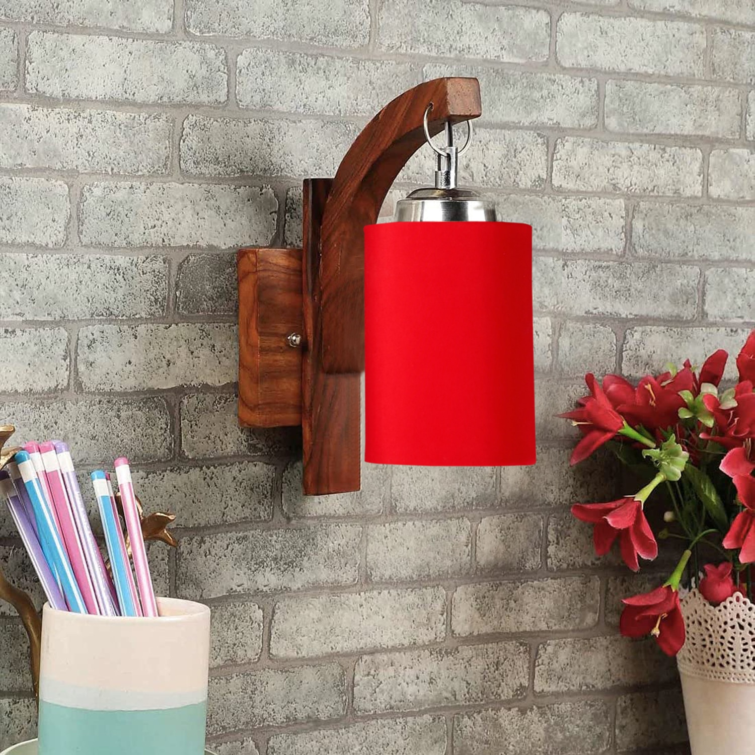 Devansh Solid Wood Electric Wall Light in Brown Colour with Red Shade Count of 1 Light